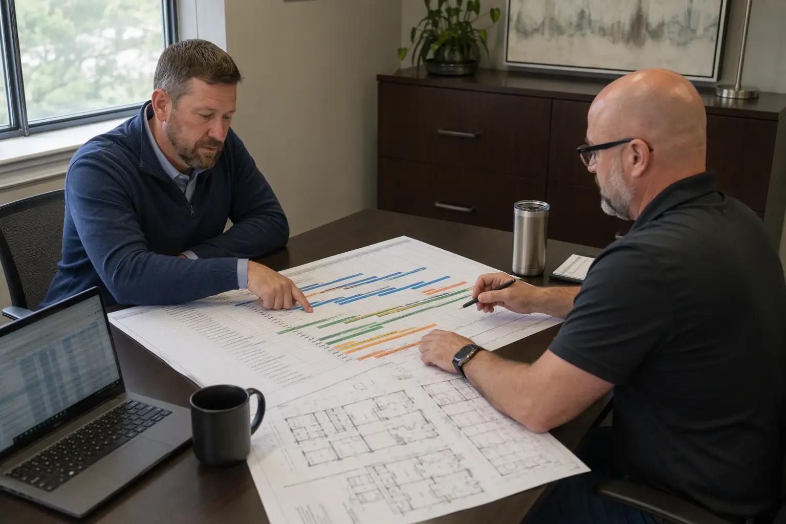 Building manager and elevator contractor reviewing a phased modernization schedule and floor plans to minimize tenant disruption during elevator upgrades in a Columbia SC office