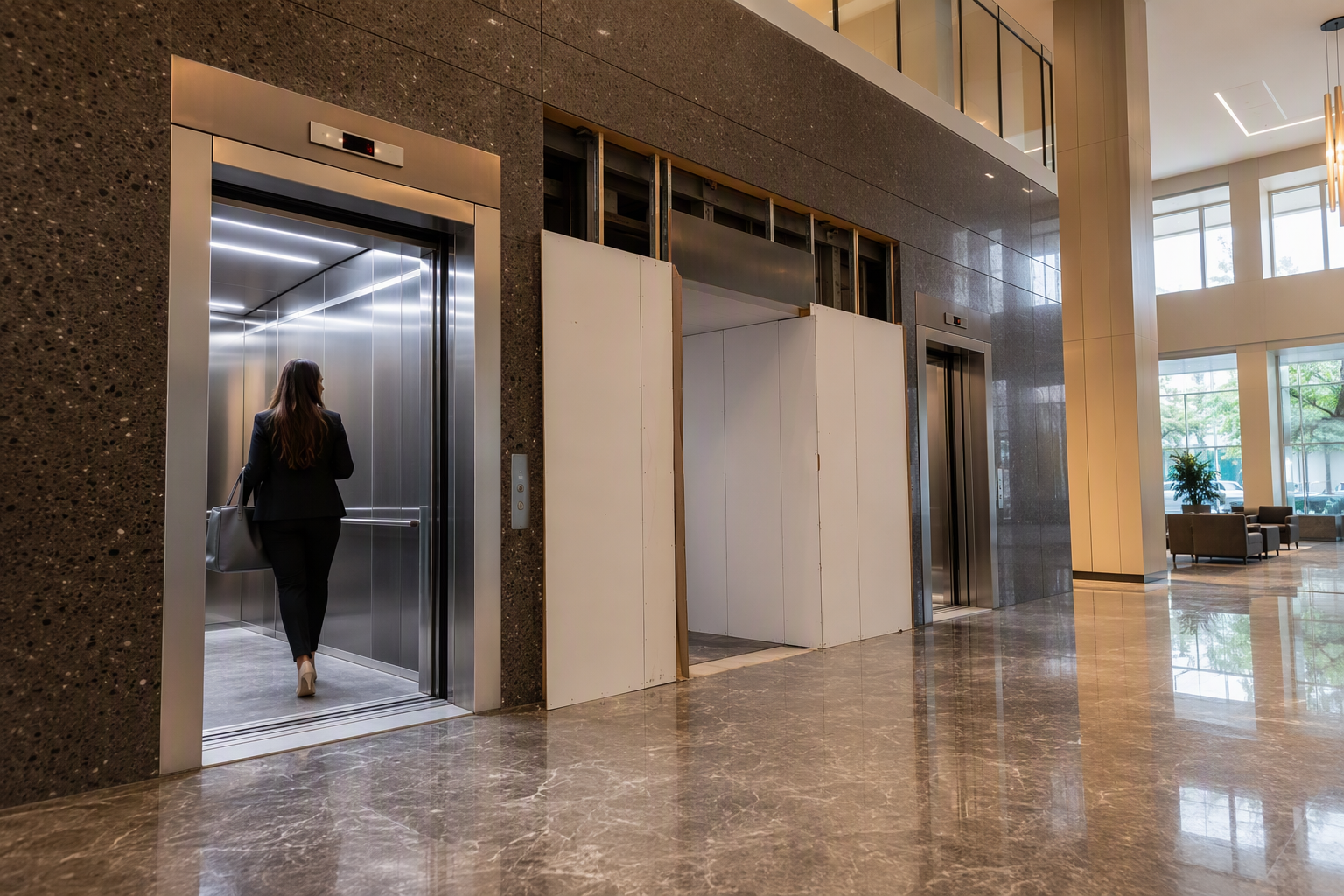 Columbia SC office building lobby showing phased elevator modernization with one cab operational for tenants while adjacent cab is cordoned off for upgrade work
