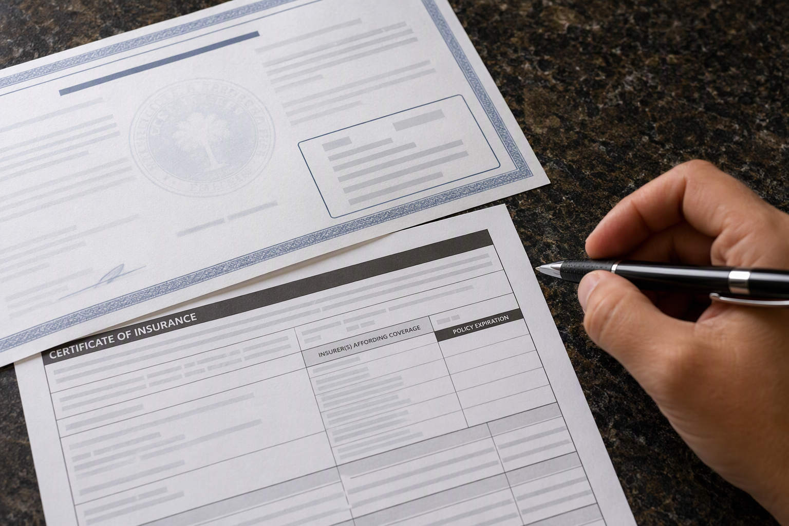 Verifying Elevator Contractor Licensing and Insurance South Carolina elevator contractor license and Certificate of Insurance documents on a desk, key credentials to verify before hiring an elevator service company