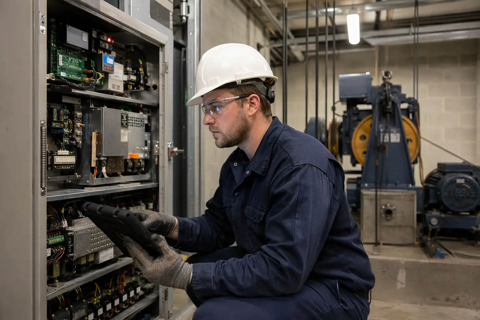Technician Evaluating Machine Room Equipment Against ASME Code Elevator technician inspecting machine room controller components during a maintenance evaluation, demonstrating ASME A17.1 compliance in a Columbia SC commercial building