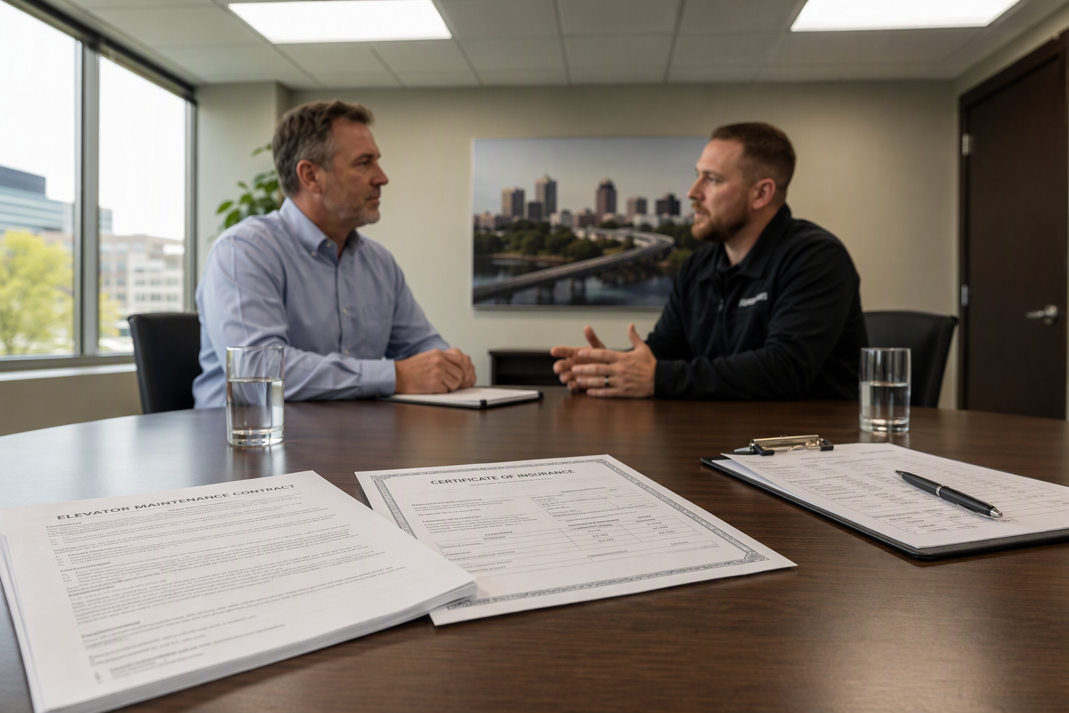 Reviewing Elevator Service Contracts Before Hiring Building manager reviewing elevator maintenance contract documents with a service representative in a Columbia SC office before hiring an elevator company
