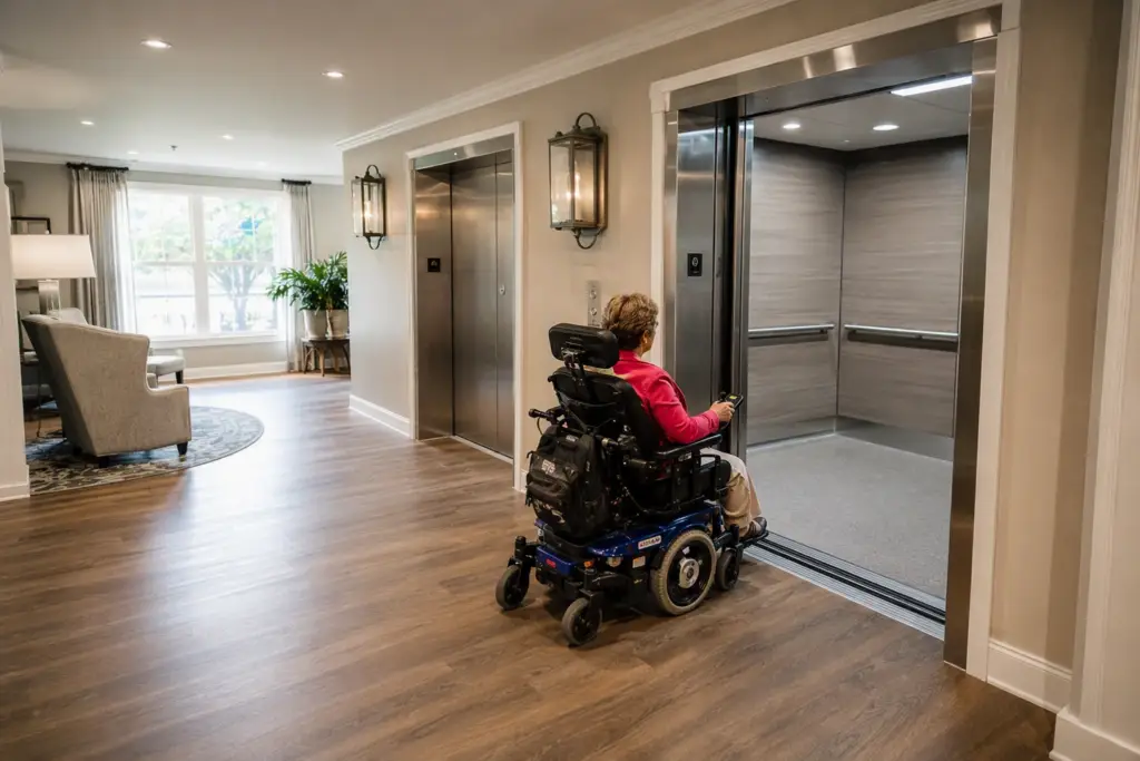 Modernized elevator lobby in a Columbia SC assisted living community showing wide ADA-accessible cab doors, stainless steel fixtures, and a wheelchair-using resident approaching the lift.