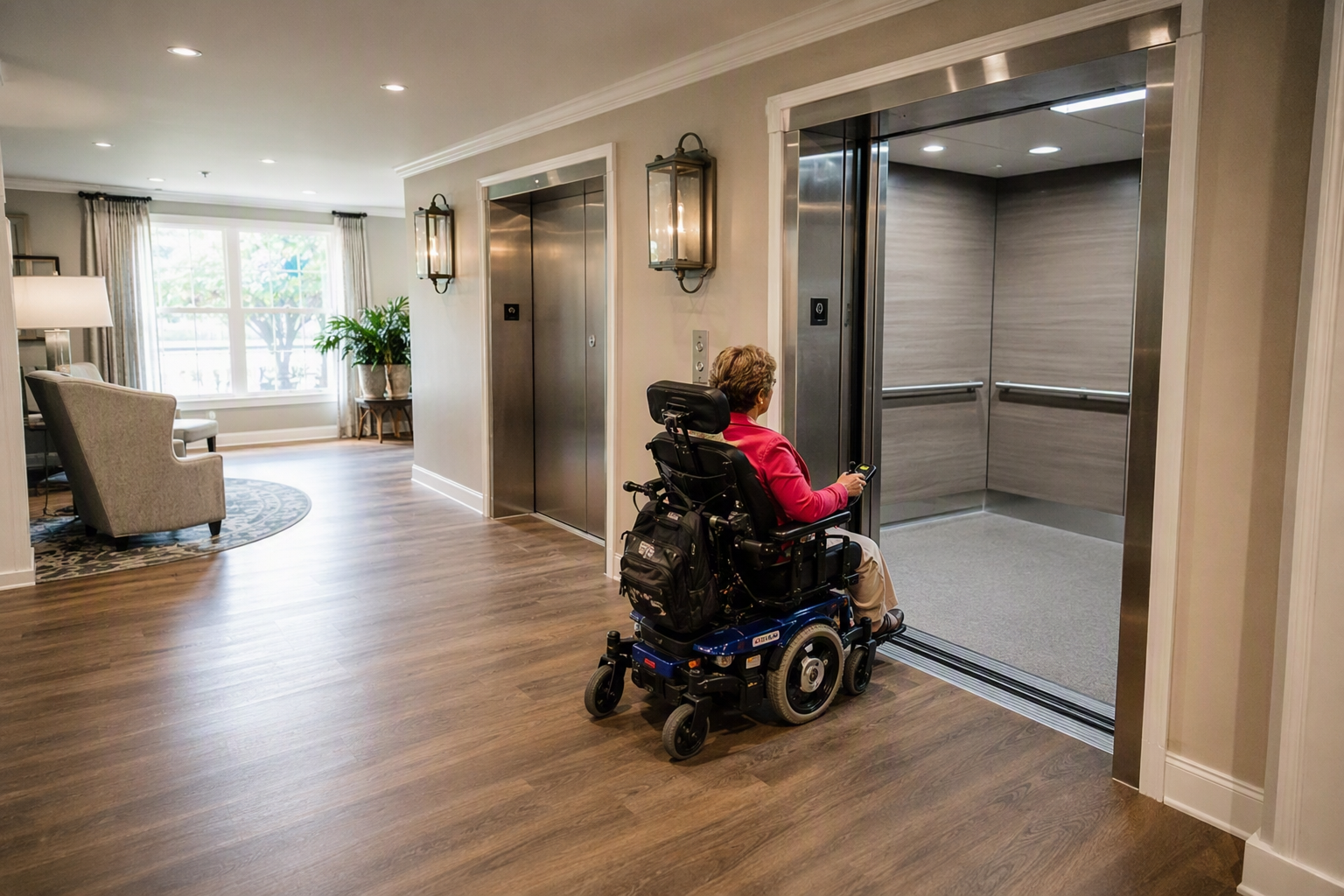 Modernized elevator lobby in a Columbia SC assisted living community showing wide ADA-accessible cab doors, stainless steel fixtures, and a wheelchair-using resident approaching the lift.