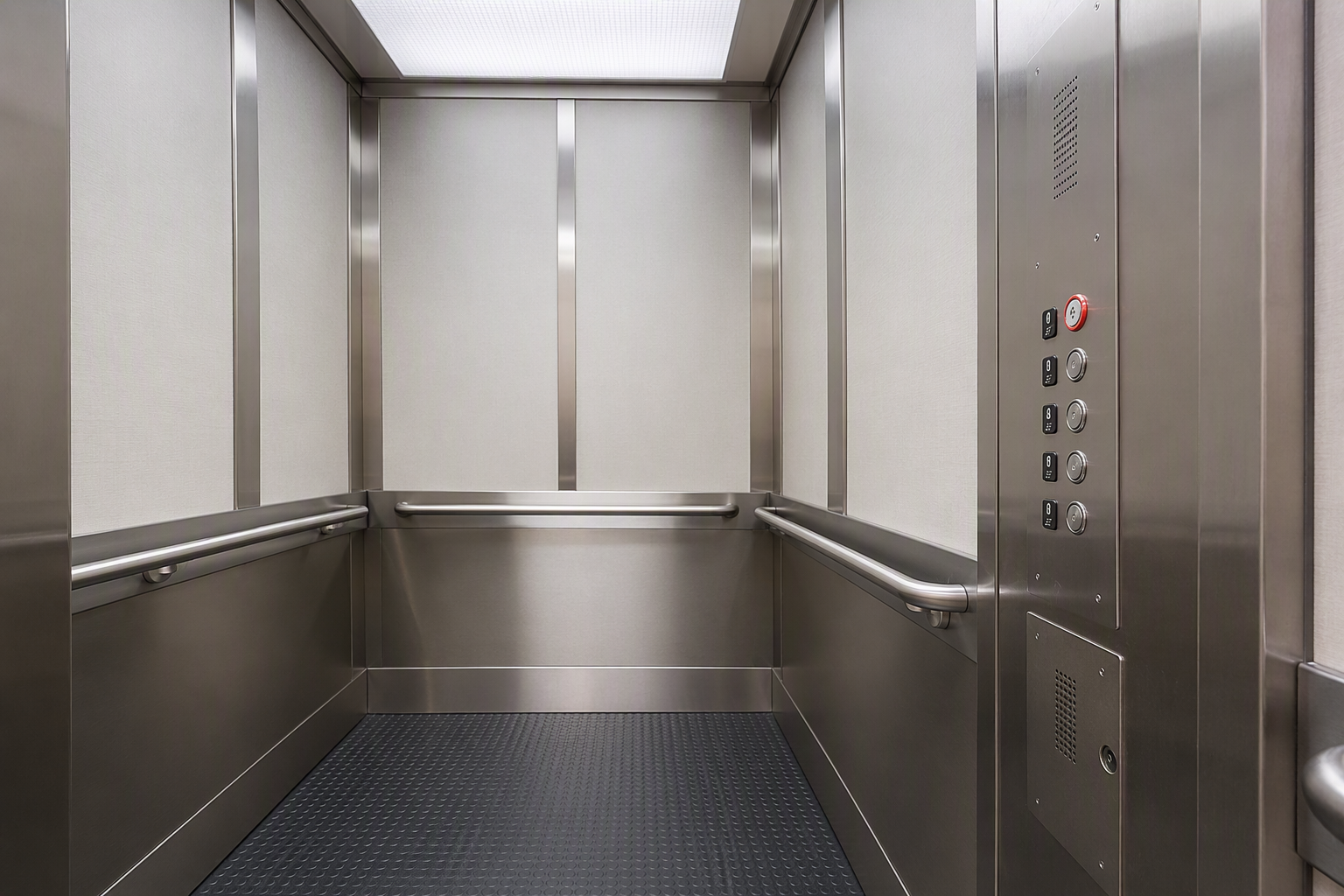 Interior of a modernized elevator cab in a South Carolina senior housing building showing ADA handrails, large-button call station, two-way emergency phone, and non-slip flooring.