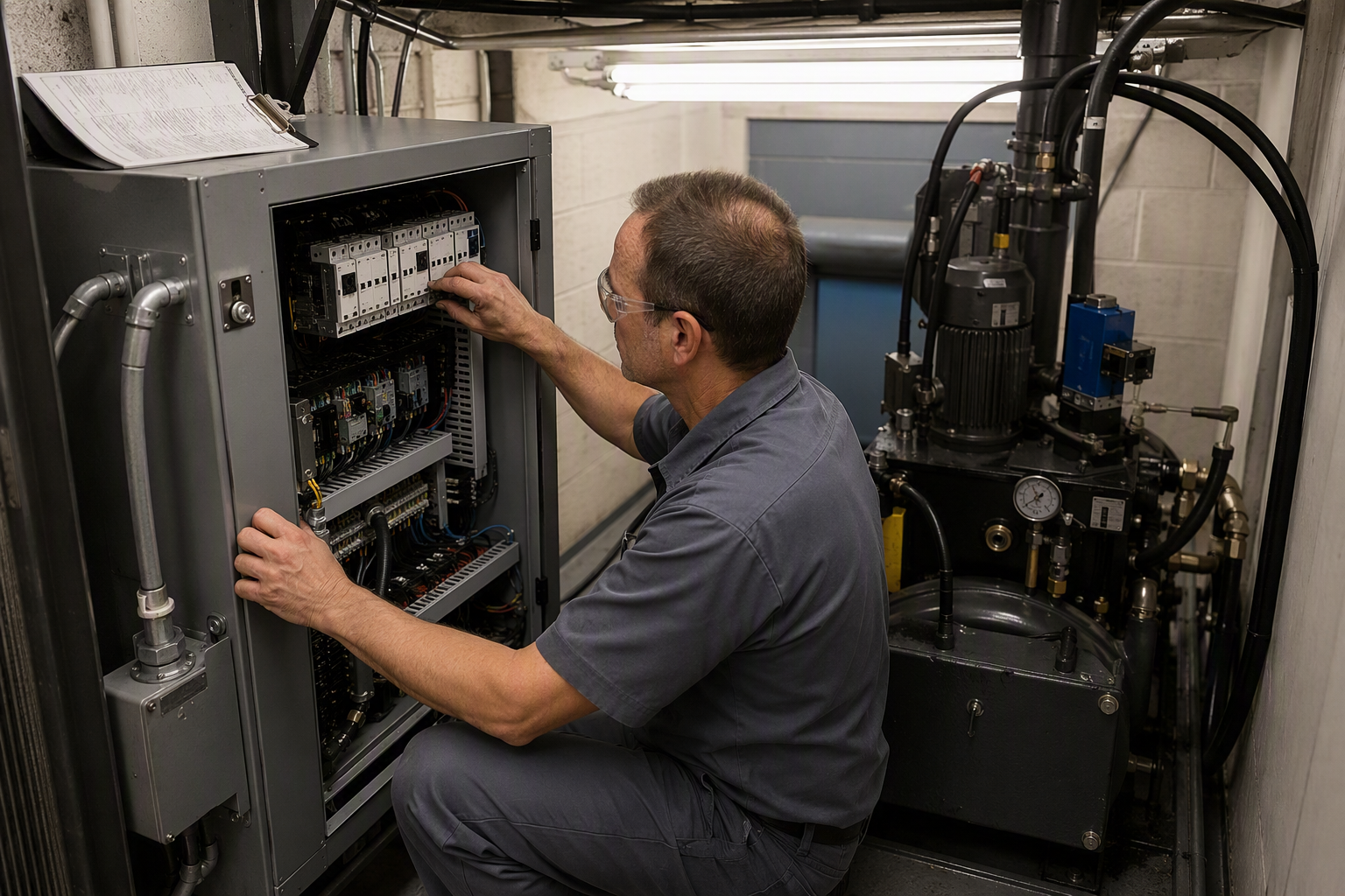 Elevator mechanic inspecting a newly installed solid-state motor controller during a multifamily elevator modernization project in a Columbia SC senior housing machine room.