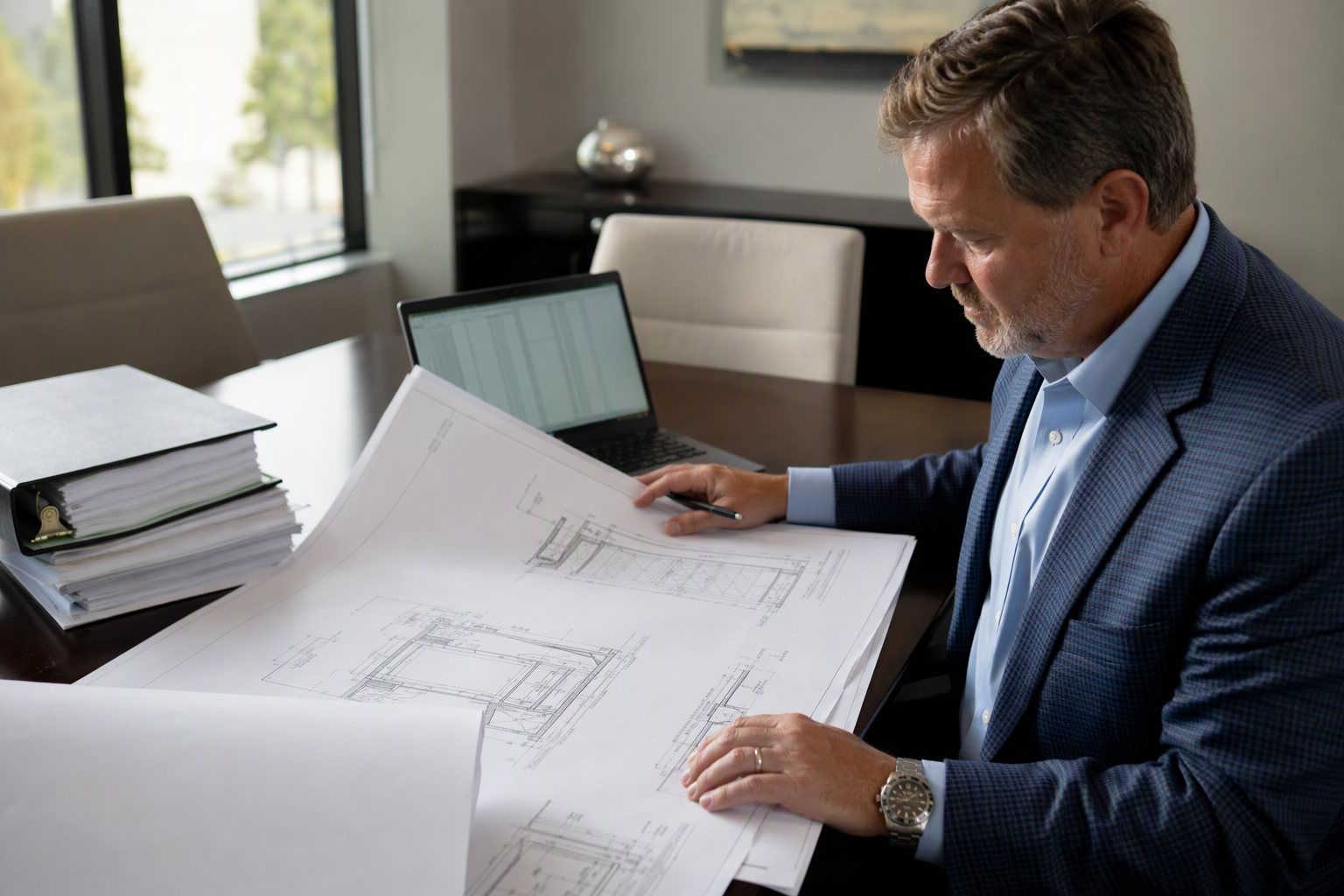 Building manager reviewing commercial elevator installation cost estimates and hoistway architectural drawings at an office desk before budgeting a new elevator project