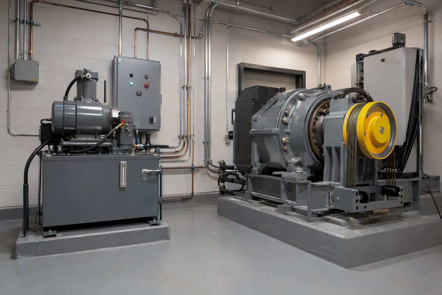Hydraulic power unit and traction machine controller inside a commercial elevator machine room, illustrating equipment cost differences between elevator types for commercial building installation