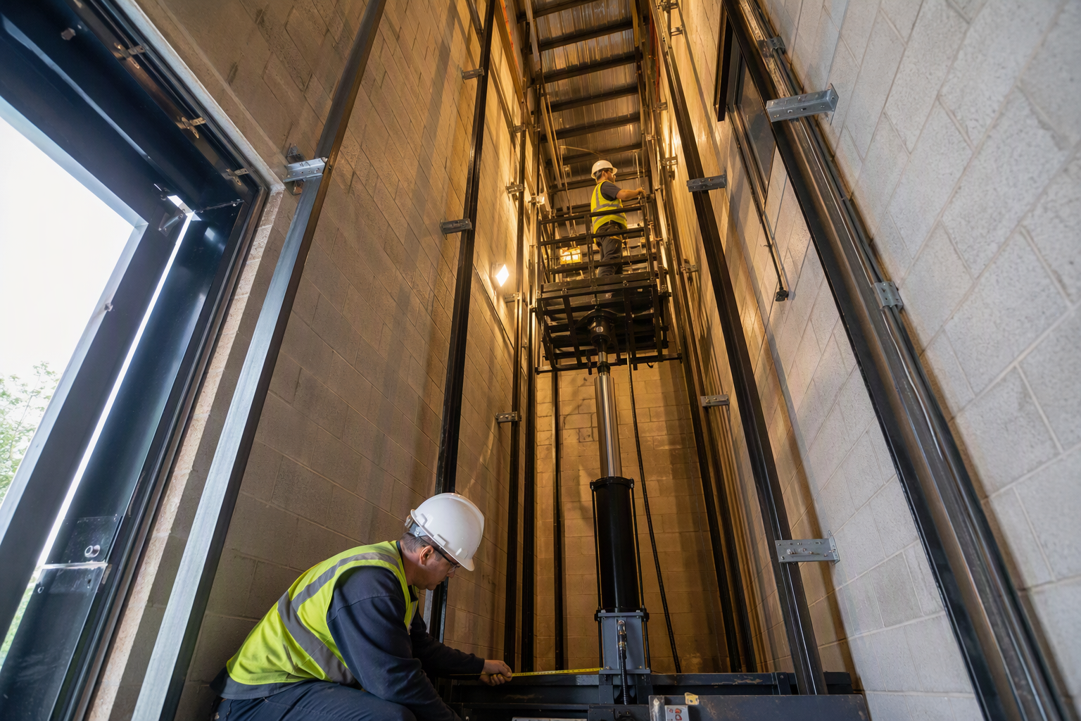 Commercial elevator installation in progress inside a concrete hoistway of a Columbia SC office building, showing steel guide rails and hydraulic cylinder during new elevator installation