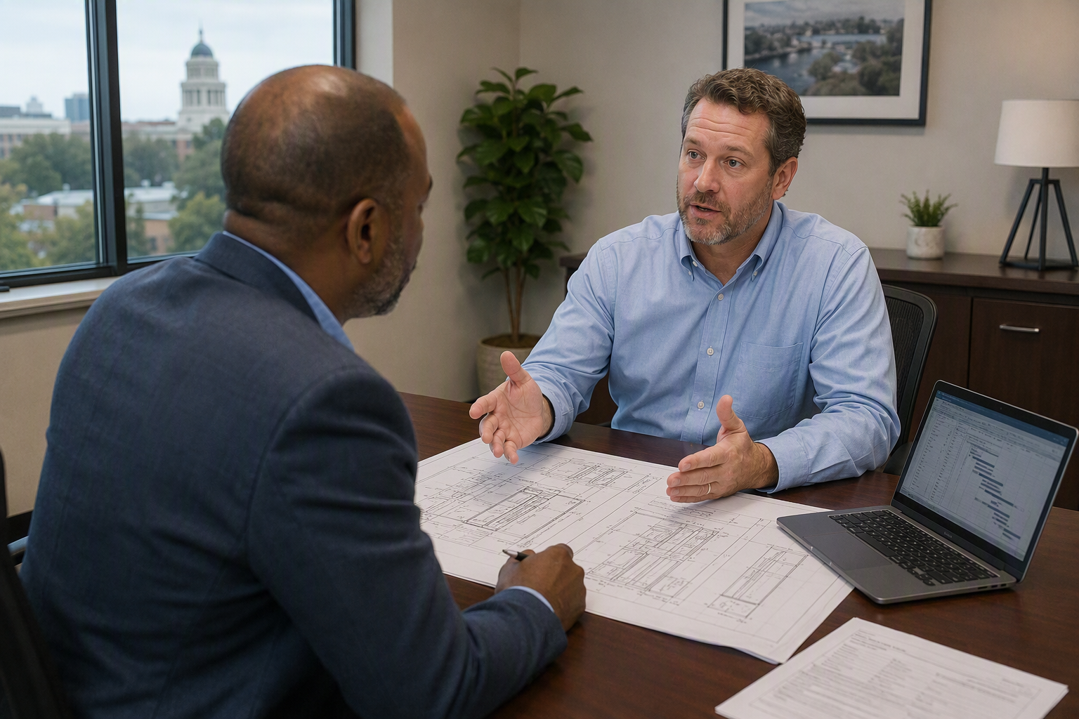 Building manager and elevator contractor reviewing stamped engineering drawings and South Carolina LLR permit documents at an office table during new elevator installation planning.