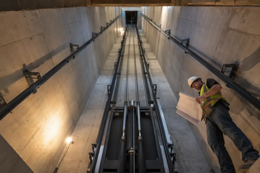 New elevator hoistway under construction inside a Columbia SC commercial building, with steel guide rails installed and a contractor reviewing installation drawings at the pit level.