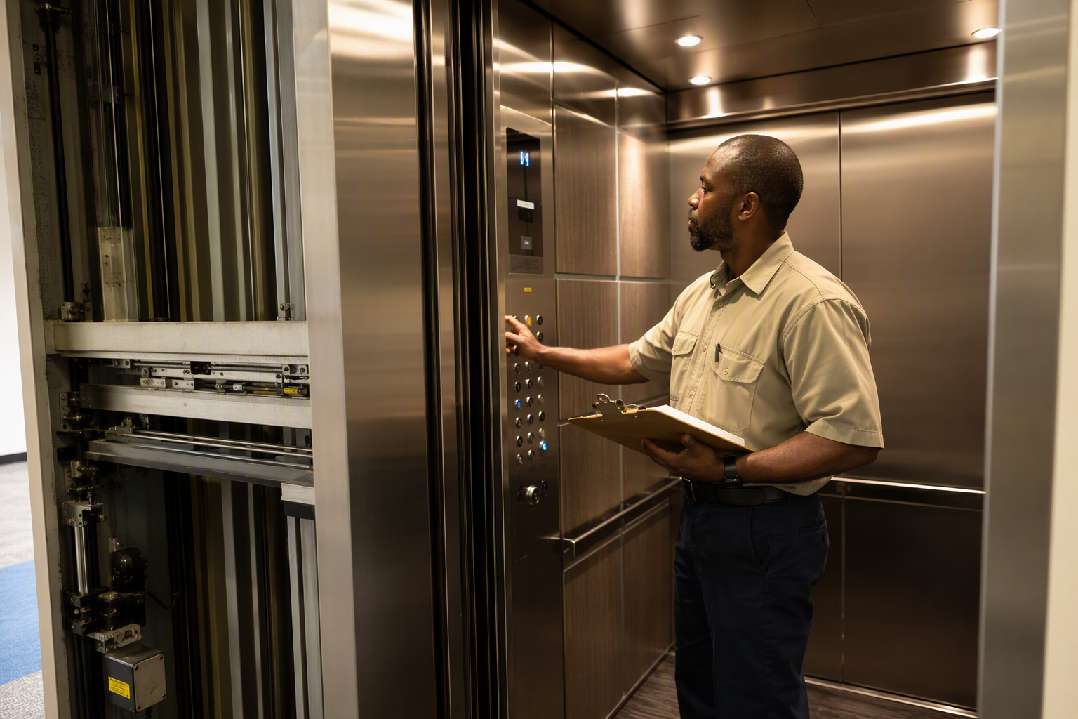 South Carolina state elevator inspector reviewing a newly installed elevator cab interior and door operator in a Columbia SC office building during final code compliance inspection.