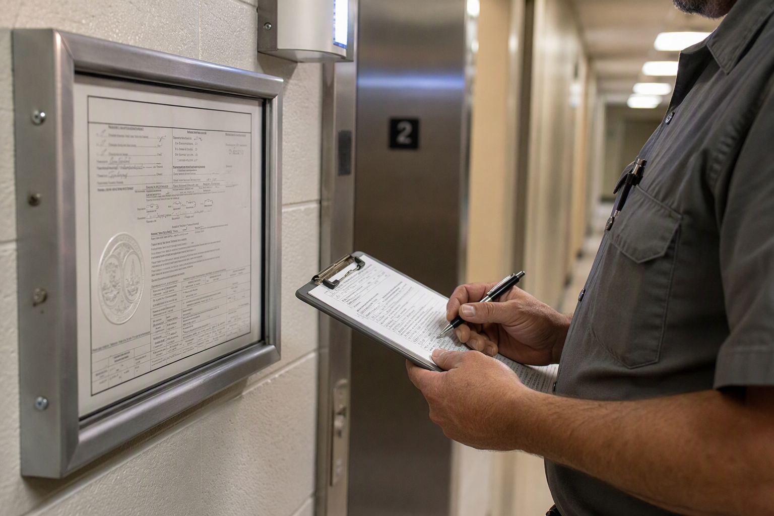Licensed elevator mechanic reviewing South Carolina LLR inspection certificate beside a commercial elevator door, confirming regulatory compliance for building owner.