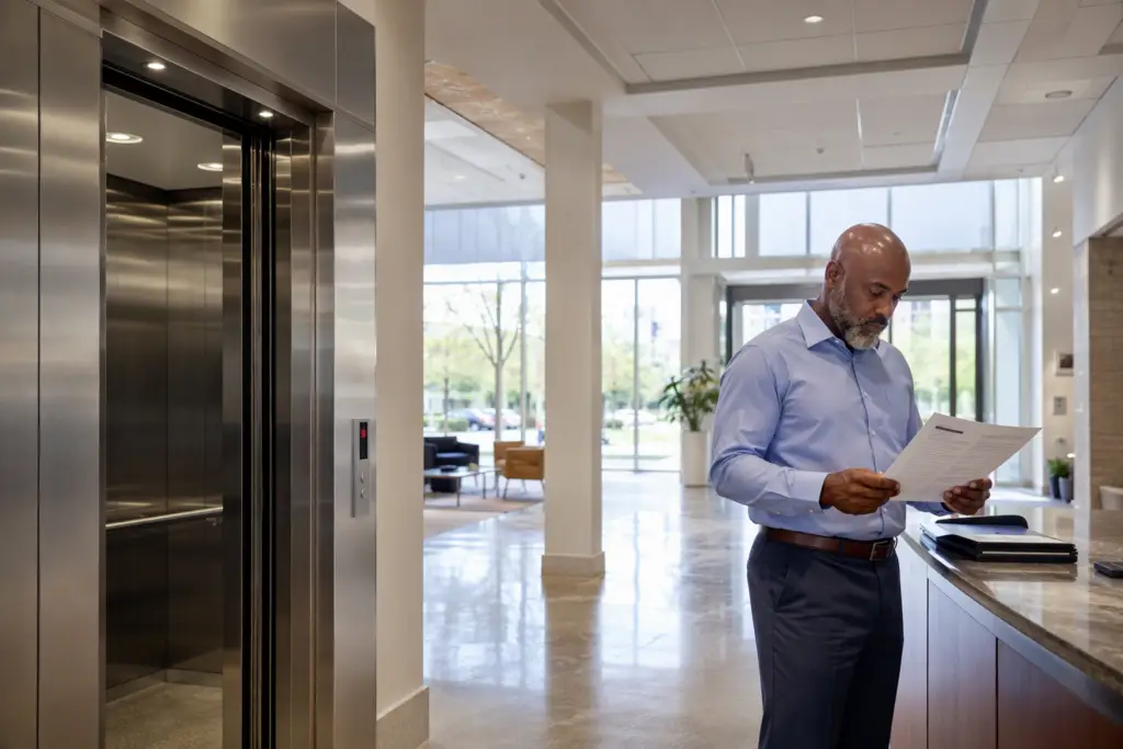 Columbia SC building owner comparing elevator repair options — OEM vs independent service company — while reviewing a maintenance contract in a commercial office lobby.