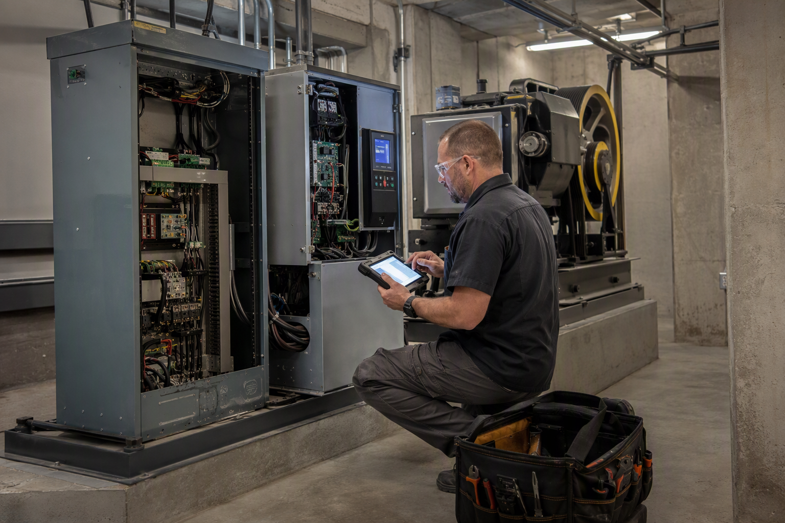 Elevator mechanic comparing OEM proprietary controller versus independent-compatible elevator controller in a Columbia SC machine room during a service evaluation.