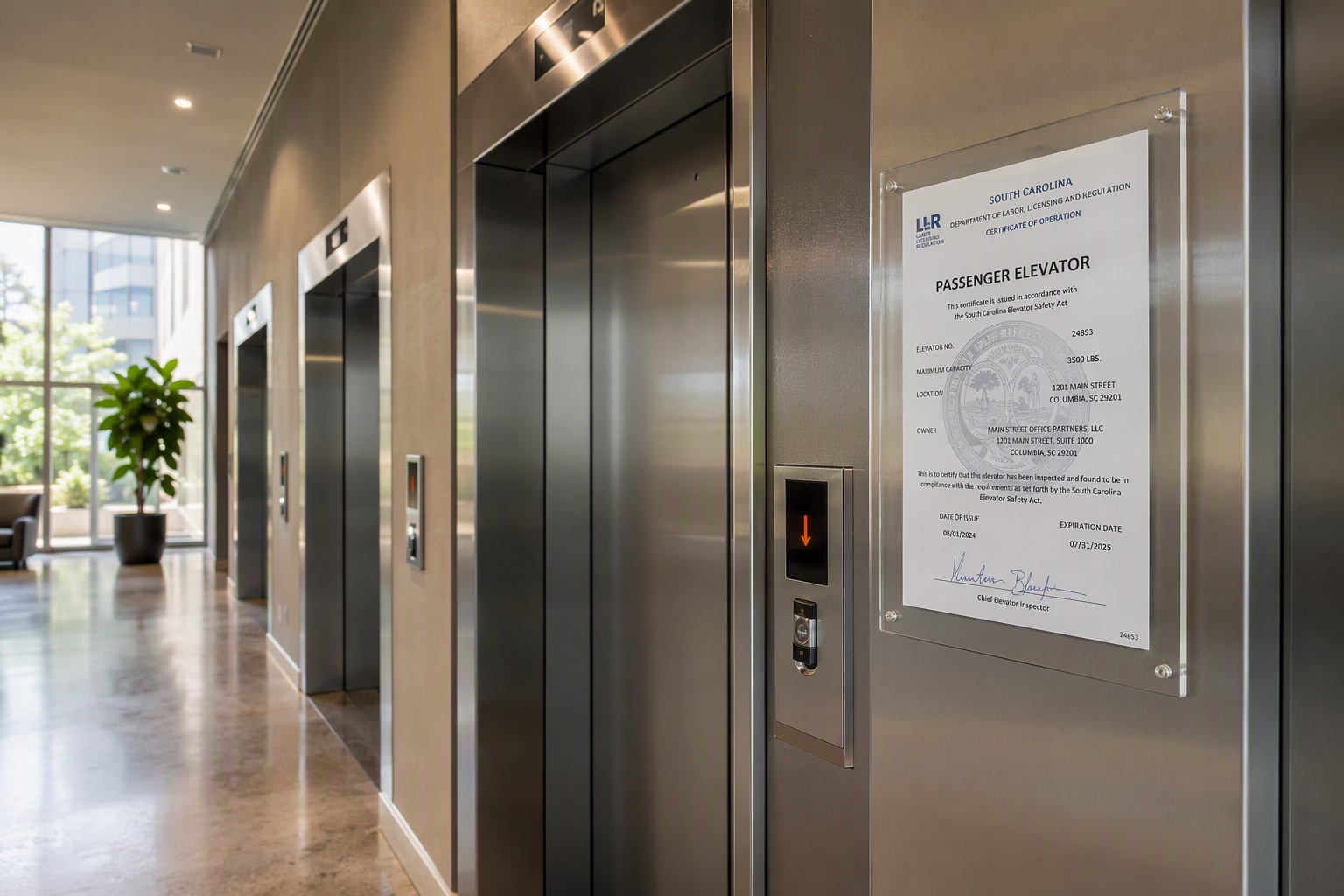 Office Building Elevator Inspection Certificate Office building elevator bank in Columbia SC with inspection certificate posted on door frame, showing annual elevator inspection compliance for South Carolina property managers