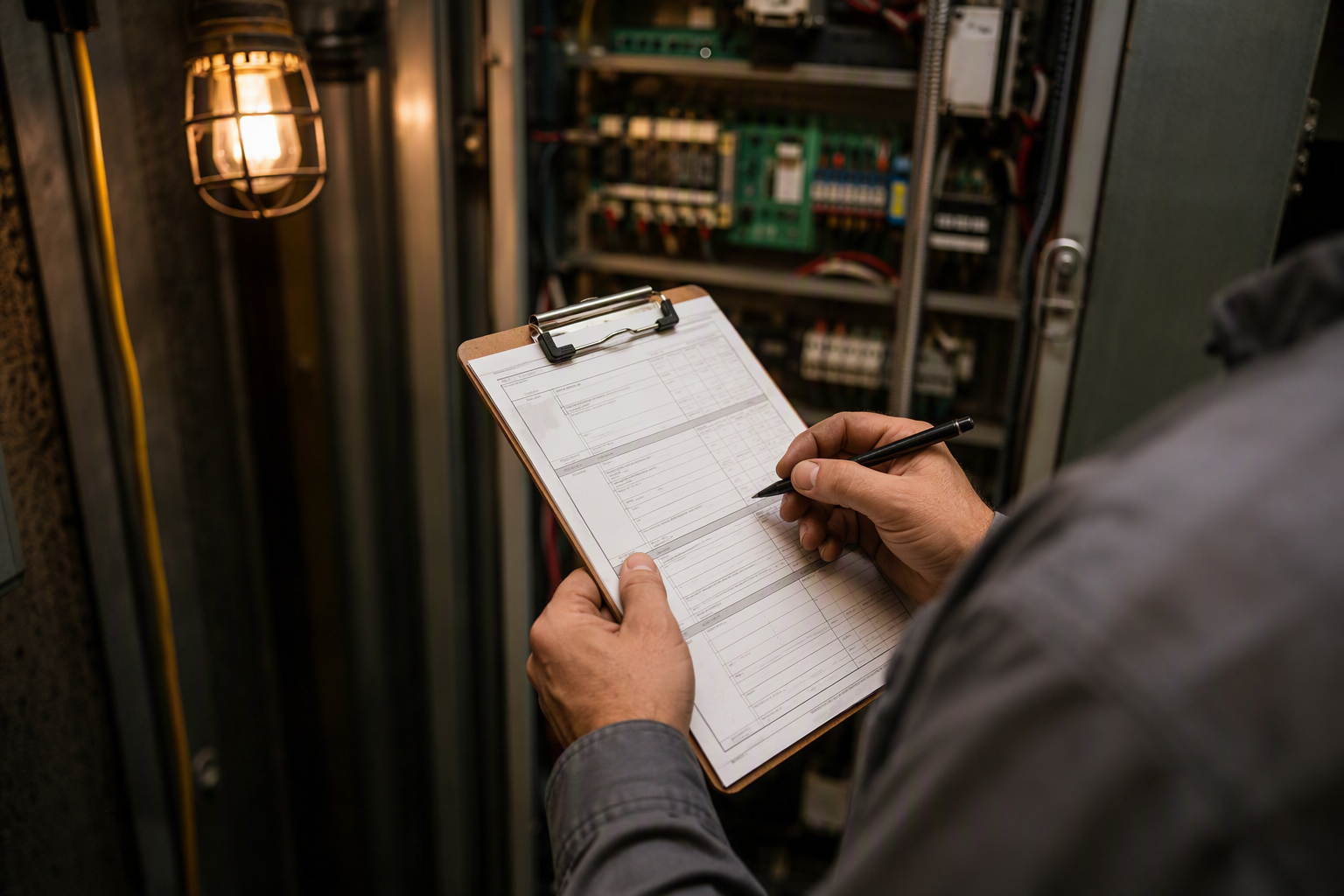 Elevator Inspector Reviewing Compliance Checklist Licensed elevator inspector reviewing a compliance checklist inside a machine room during a formal annual elevator inspection for a South Carolina office building