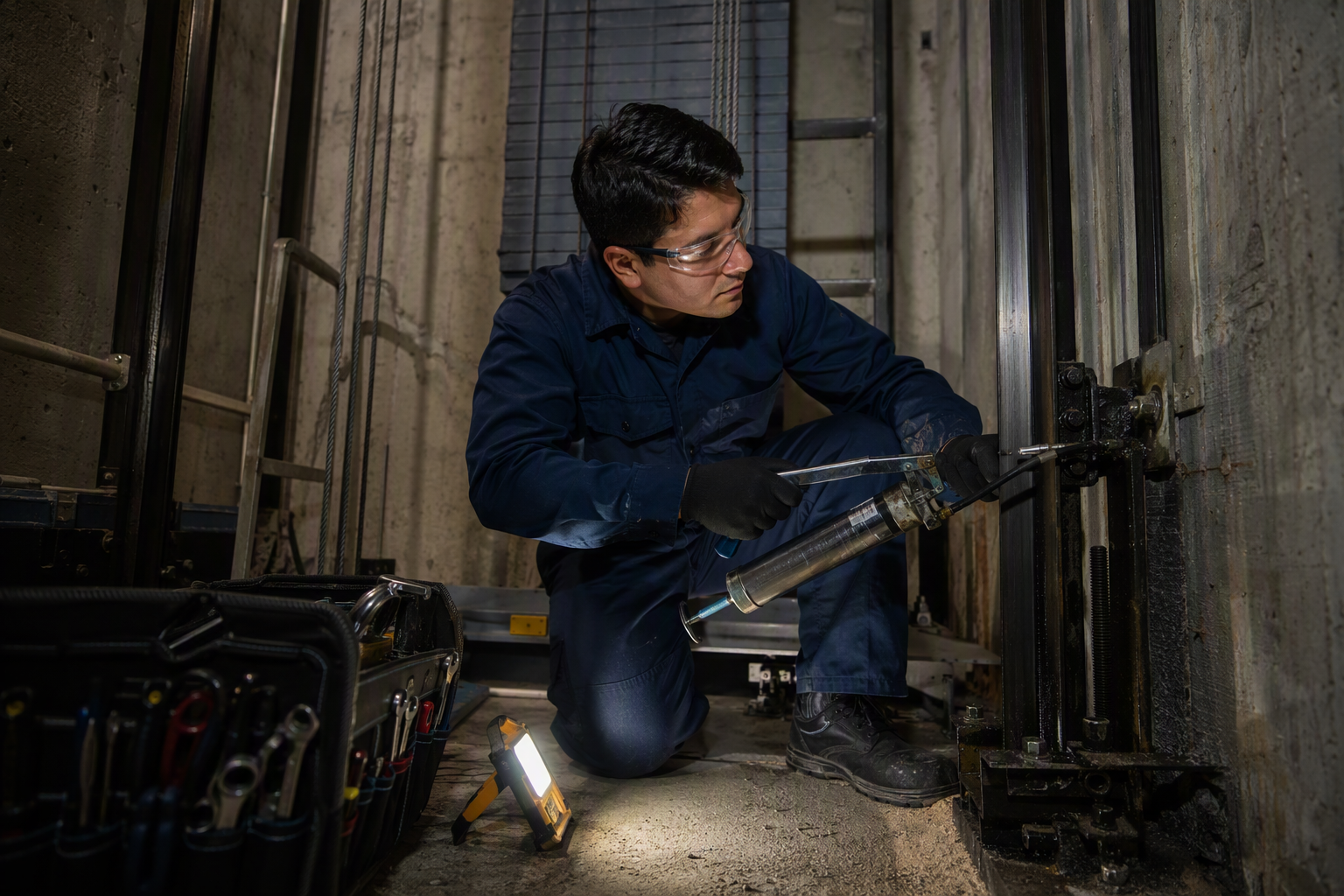 Routine Elevator Maintenance in Office Building Hoistway Elevator technician performing scheduled routine maintenance on guide rail lubrication fittings inside an office building hoistway pit in Columbia SC