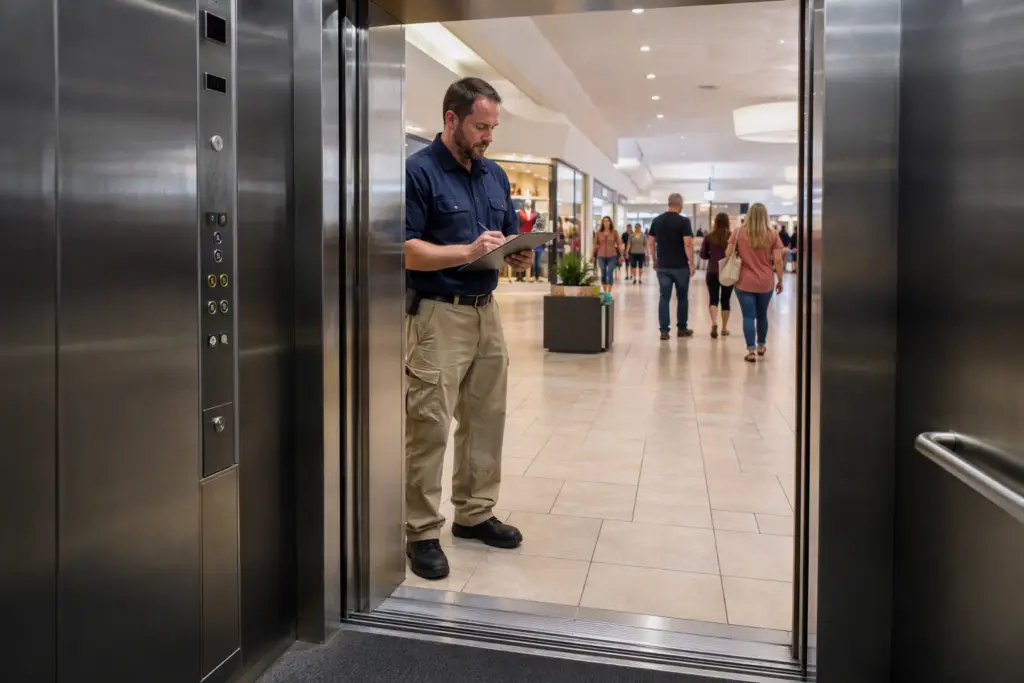 Elevator technician reviewing retail elevator maintenance checklist at a commercial shopping center in Columbia, SC, with brushed stainless cab doors open.