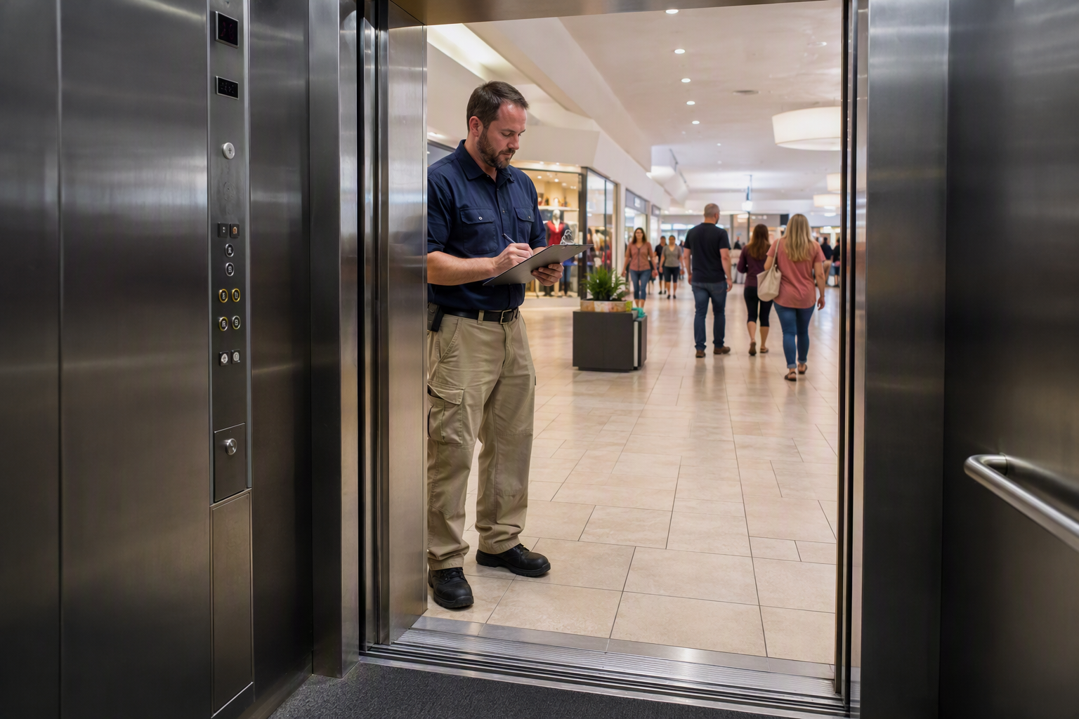 Retail Elevator Maintenance Inspection – Columbia SC Elevator technician reviewing retail elevator maintenance checklist at a commercial shopping center in Columbia, SC, with brushed stainless cab doors open.