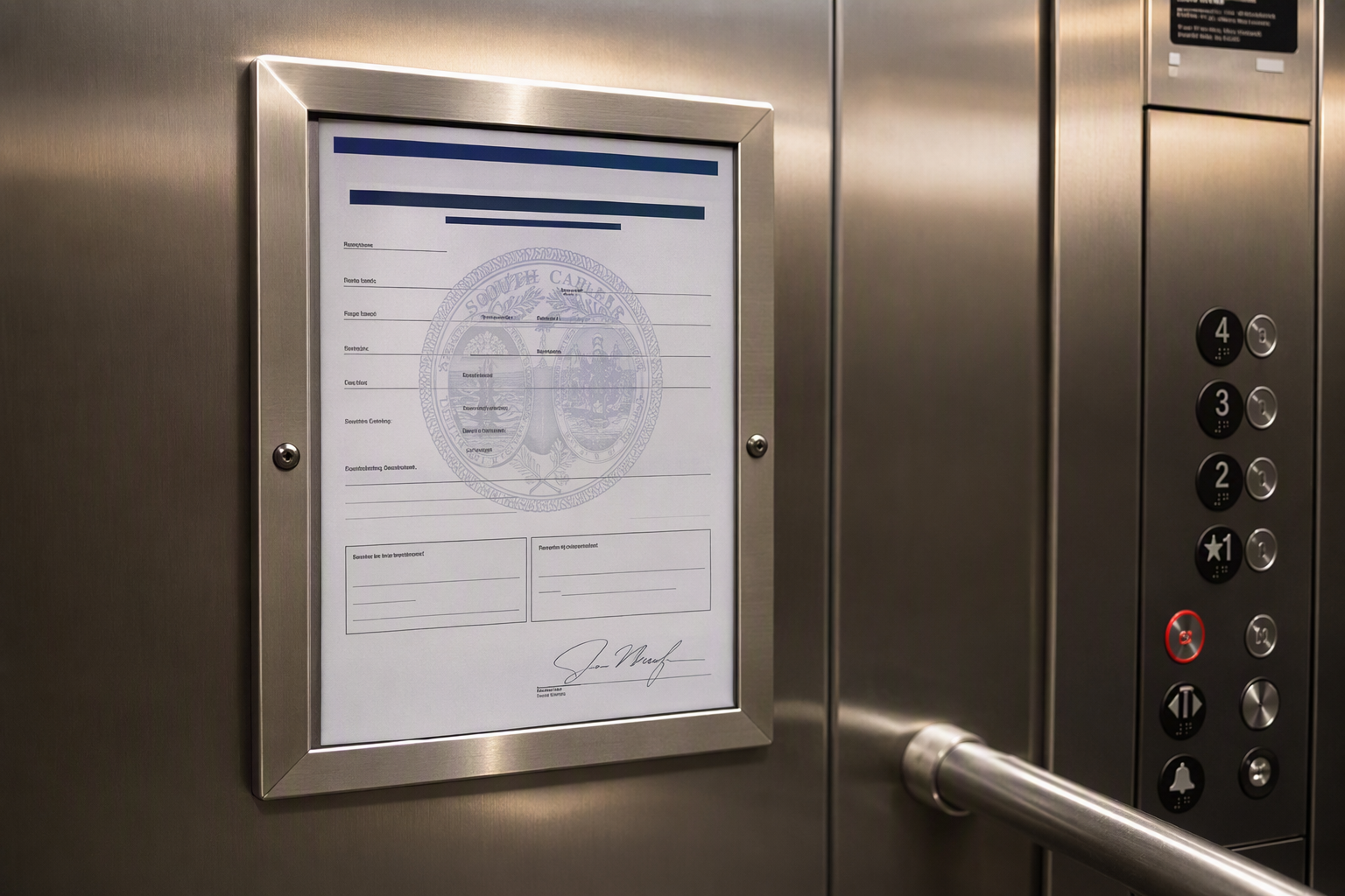 SC Elevator Inspection Certificate in Retail Cab South Carolina elevator inspection certificate mounted inside a commercial retail elevator cab alongside ADA-compliant Braille control panel, demonstrating ASME A17.1 compliance.