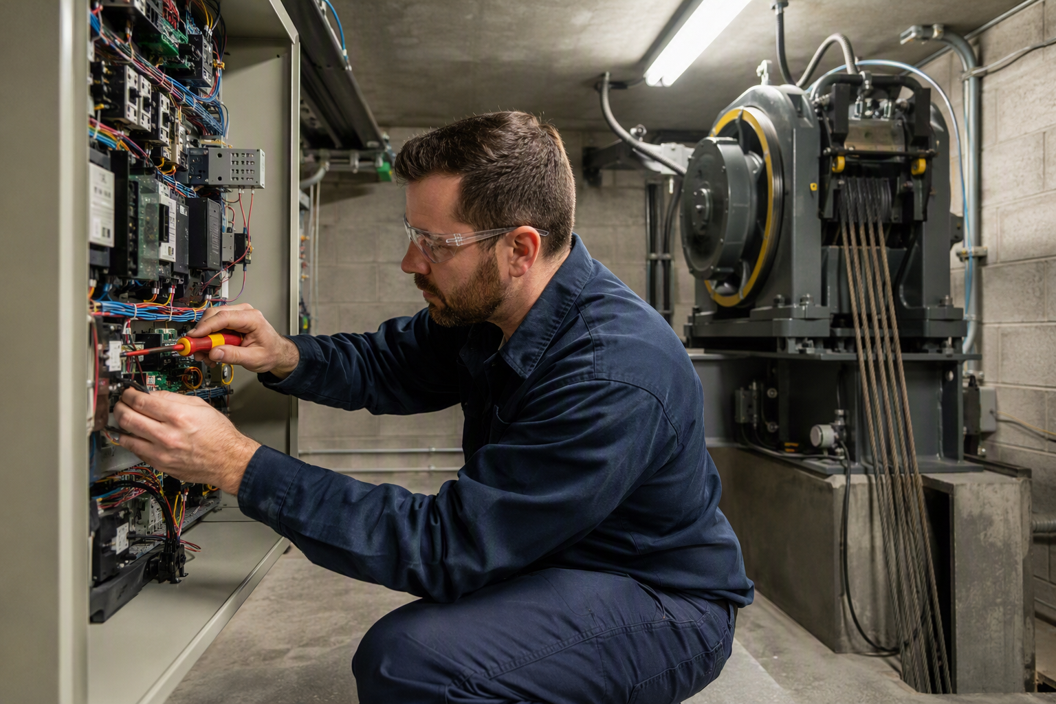 Machine Room Controller Servicing – Retail Elevator Elevator technician servicing a commercial traction elevator controller inside a machine room during a preventive maintenance visit at a retail property in Columbia, SC.