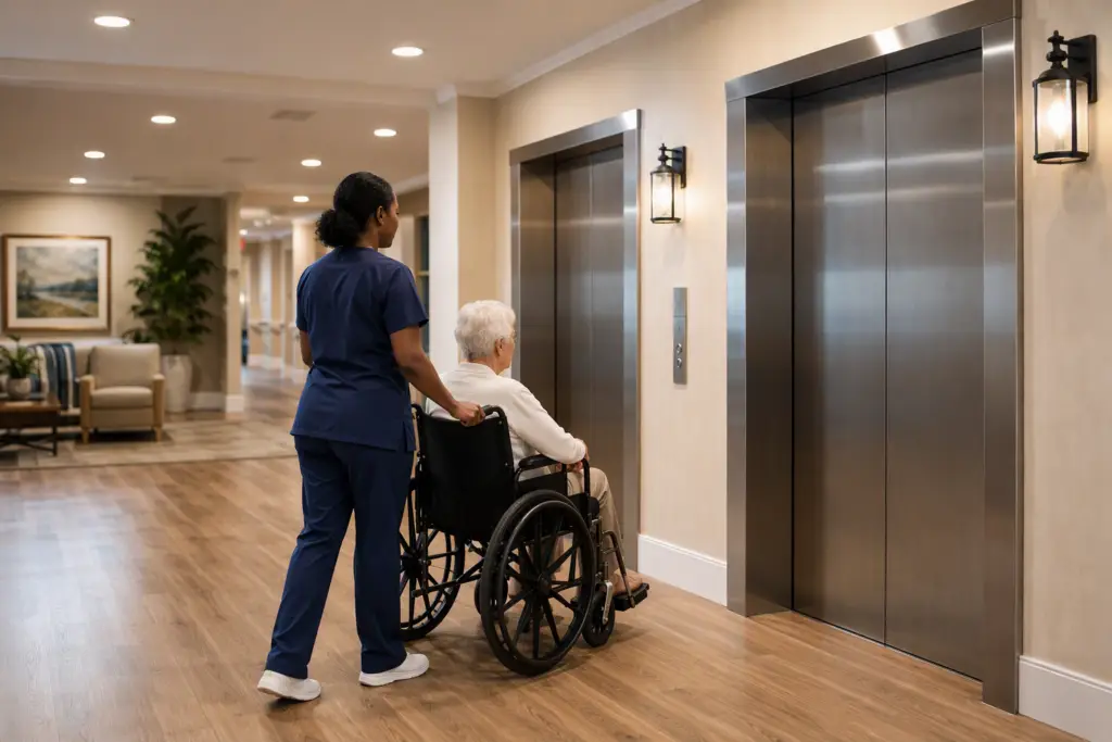Care aide pushing elderly resident in wheelchair toward ADA-compliant elevator in a South Carolina senior living facility corridor