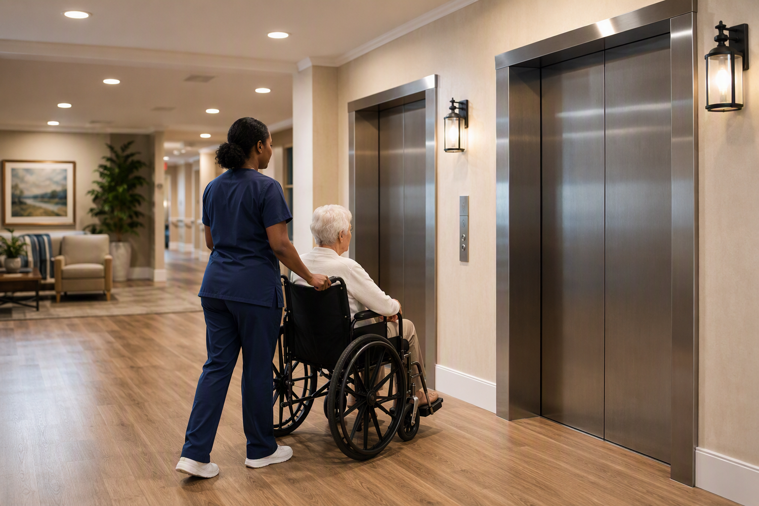 Care aide pushing elderly resident in wheelchair toward ADA-compliant elevator in a South Carolina senior living facility corridor