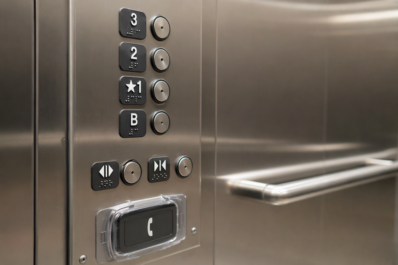 ADA-compliant elevator control panel with tactile Braille buttons and raised characters at accessible height inside a senior living elevator cab