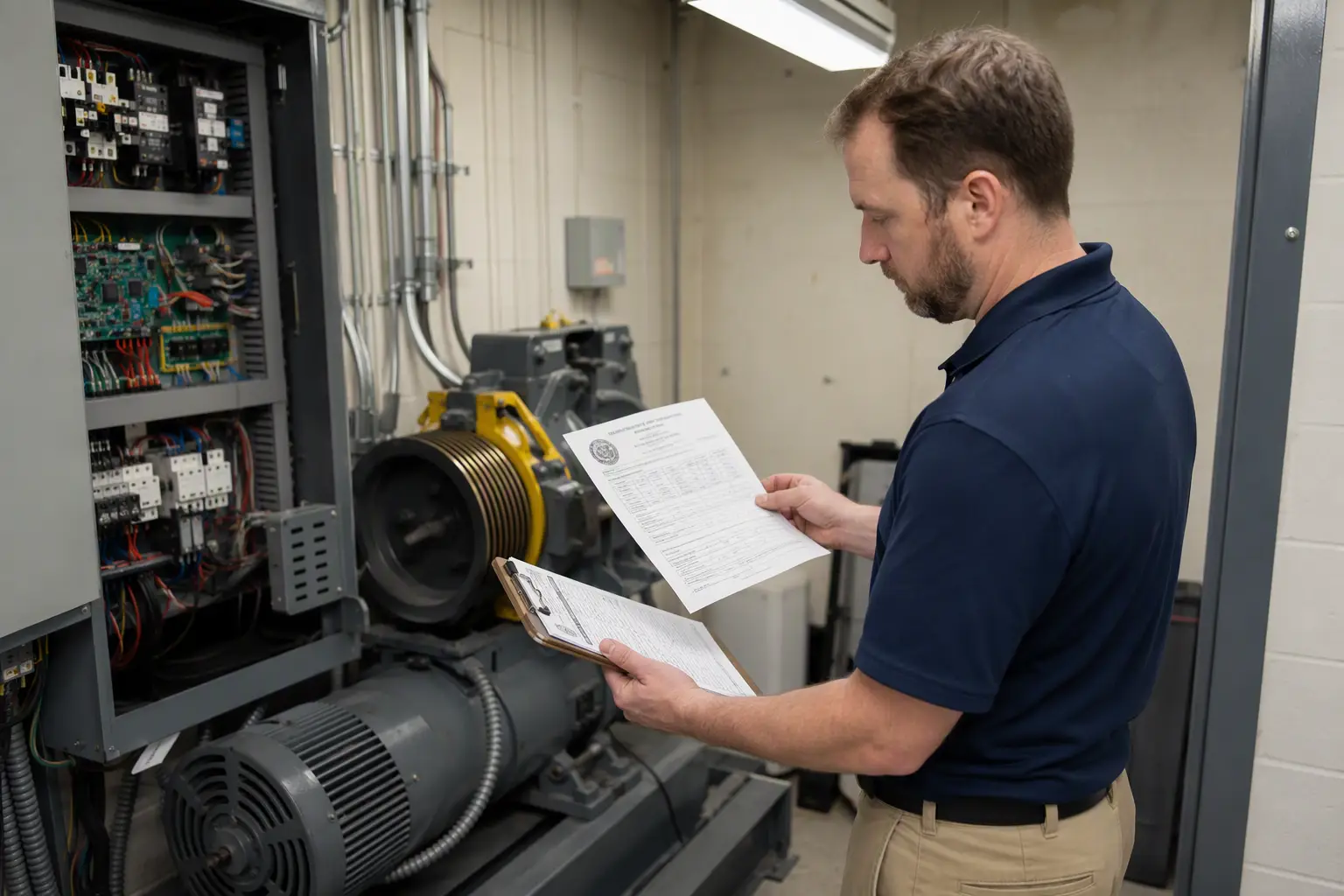 Elevator compliance inspector reviewing ASME A17.1 inspection certificate in a senior living facility machine room in South Carolina