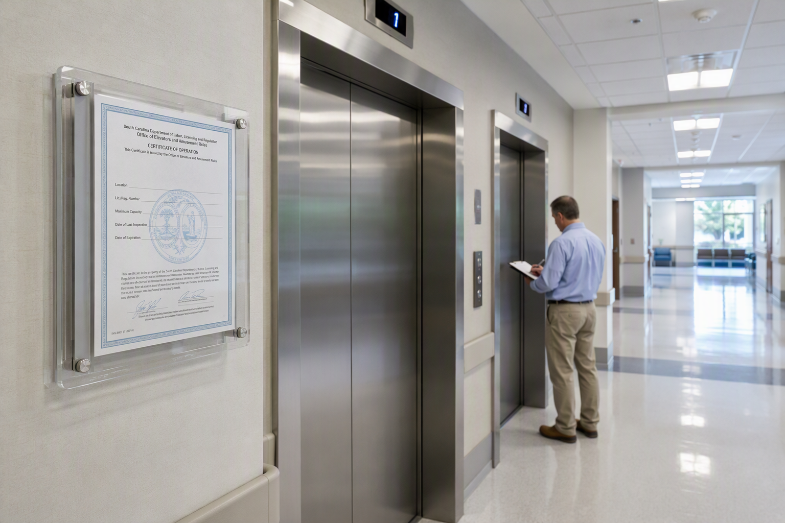 State elevator inspection certificate mounted beside hospital elevator doors in a South Carolina healthcare facility corridor, representing annual inspection frequency compliance.