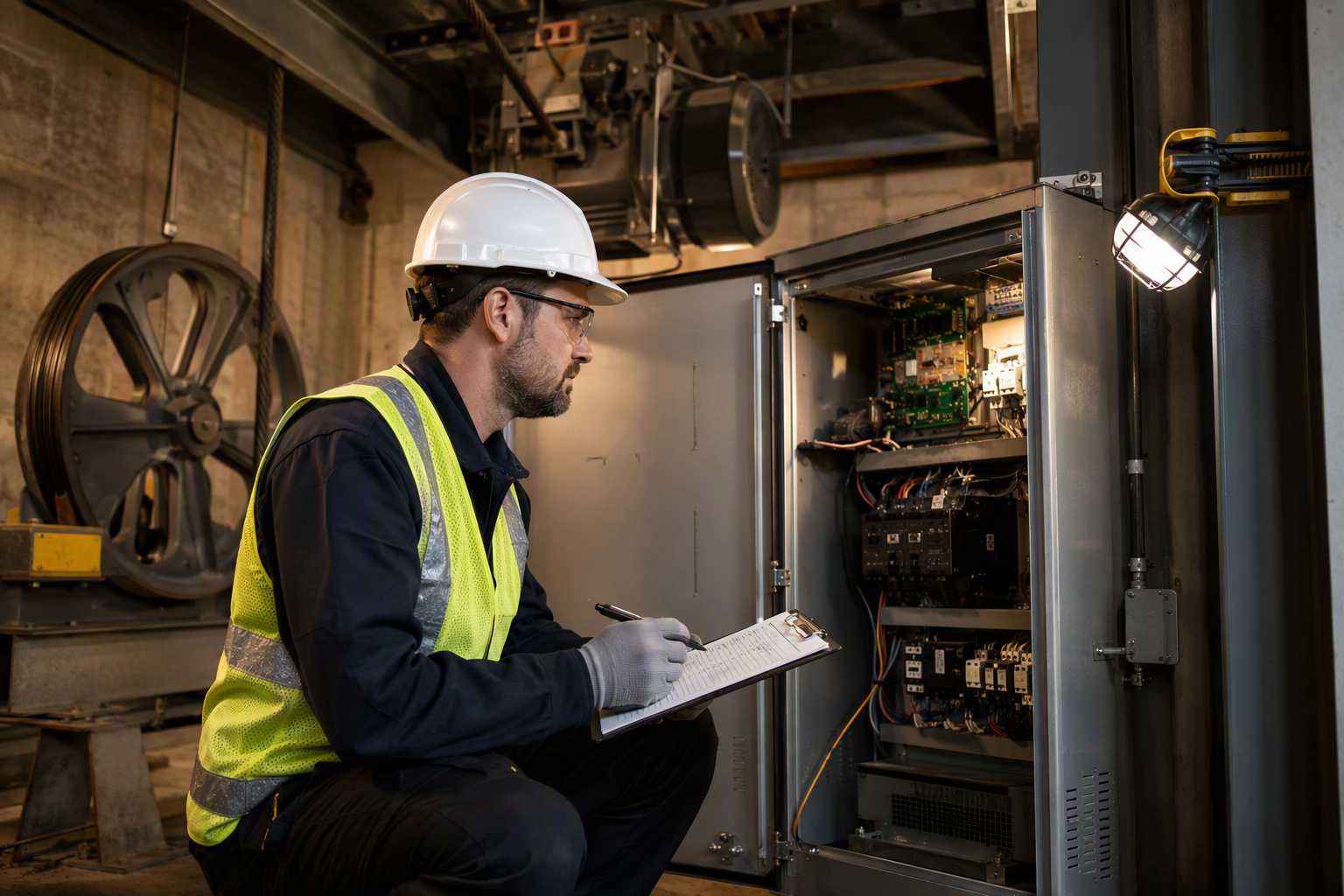 Licensed elevator inspector reviewing controller cabinet in traction elevator machine room during a state-mandated annual inspection in South Carolina.