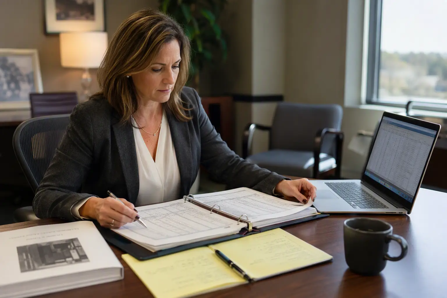 Healthcare facilities compliance officer reviewing elevator inspection frequency records and ASME A17.1 maintenance logs at a Columbia SC hospital administrative office.