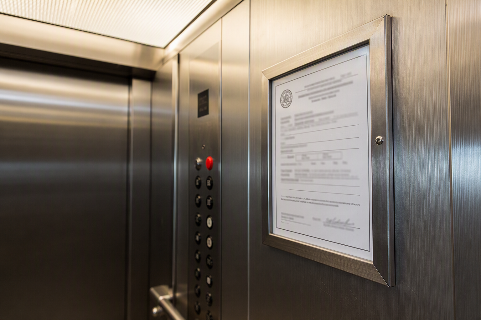 South Carolina elevator certificate of operation posted inside a commercial elevator cab in Columbia SC, required by state LLR inspection and ASME A17.1 compliance.