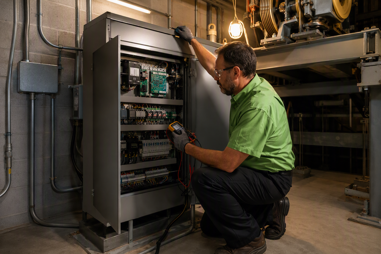 Elevator technician inspecting machine room controller panel during preventive maintenance service for a Columbia SC commercial building, following ASME A17.1 safety code standards.
