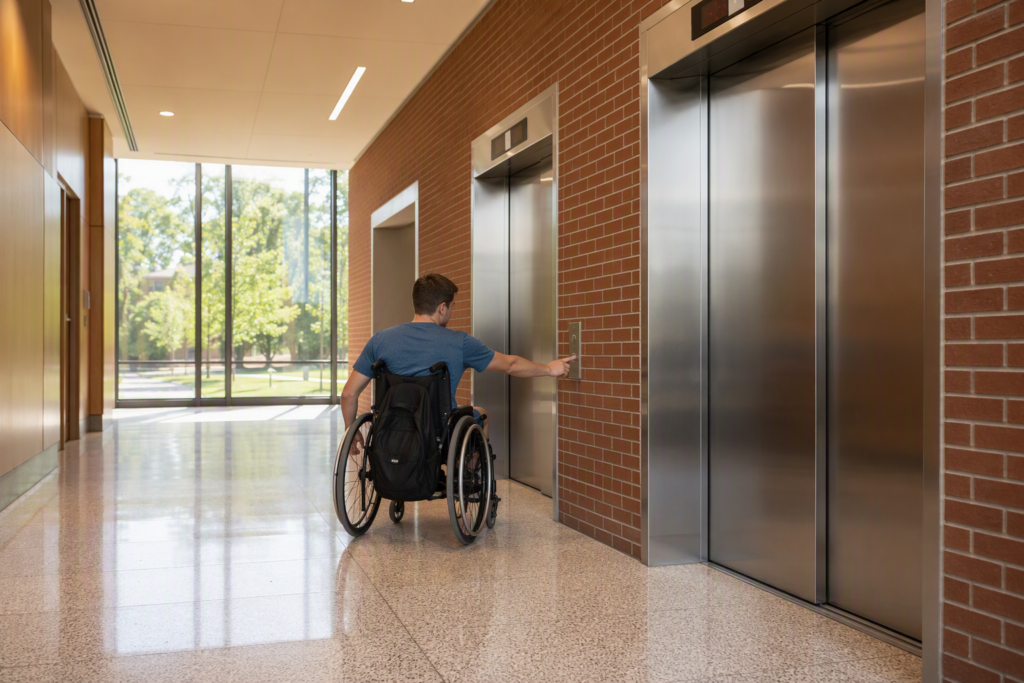 ADA-compliant university elevator lobby with tactile controls and wheelchair-accessible call panel in a Columbia SC campus building