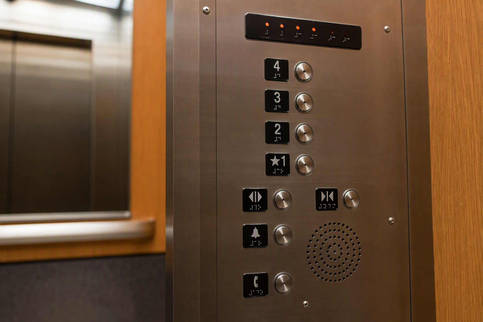 ADA-compliant elevator control panel with Braille tactile buttons and emergency two-way communication inside a university elevator cab