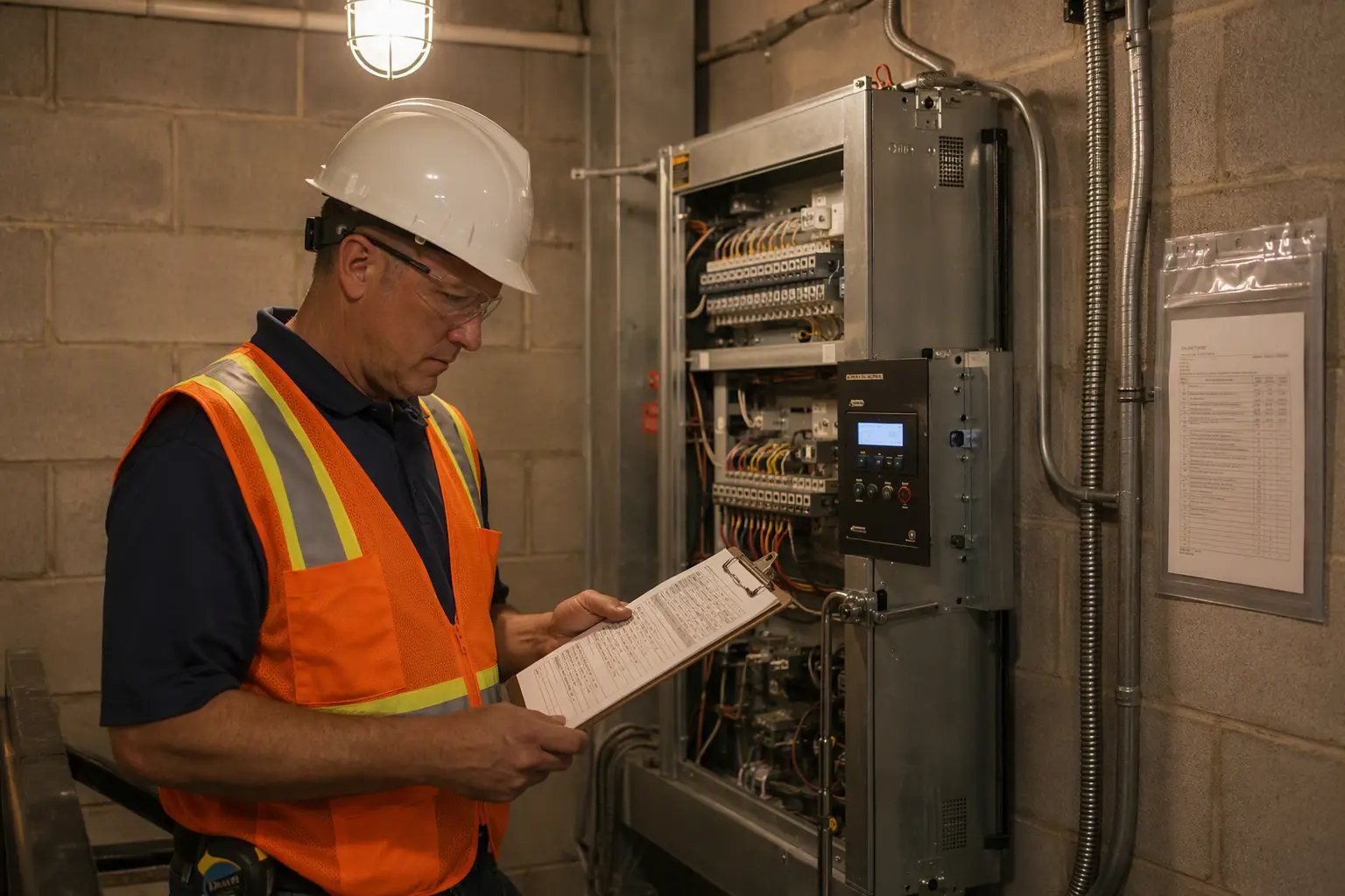 Licensed elevator inspector reviewing ASME code compliance checklist in a university building machine room in South Carolina