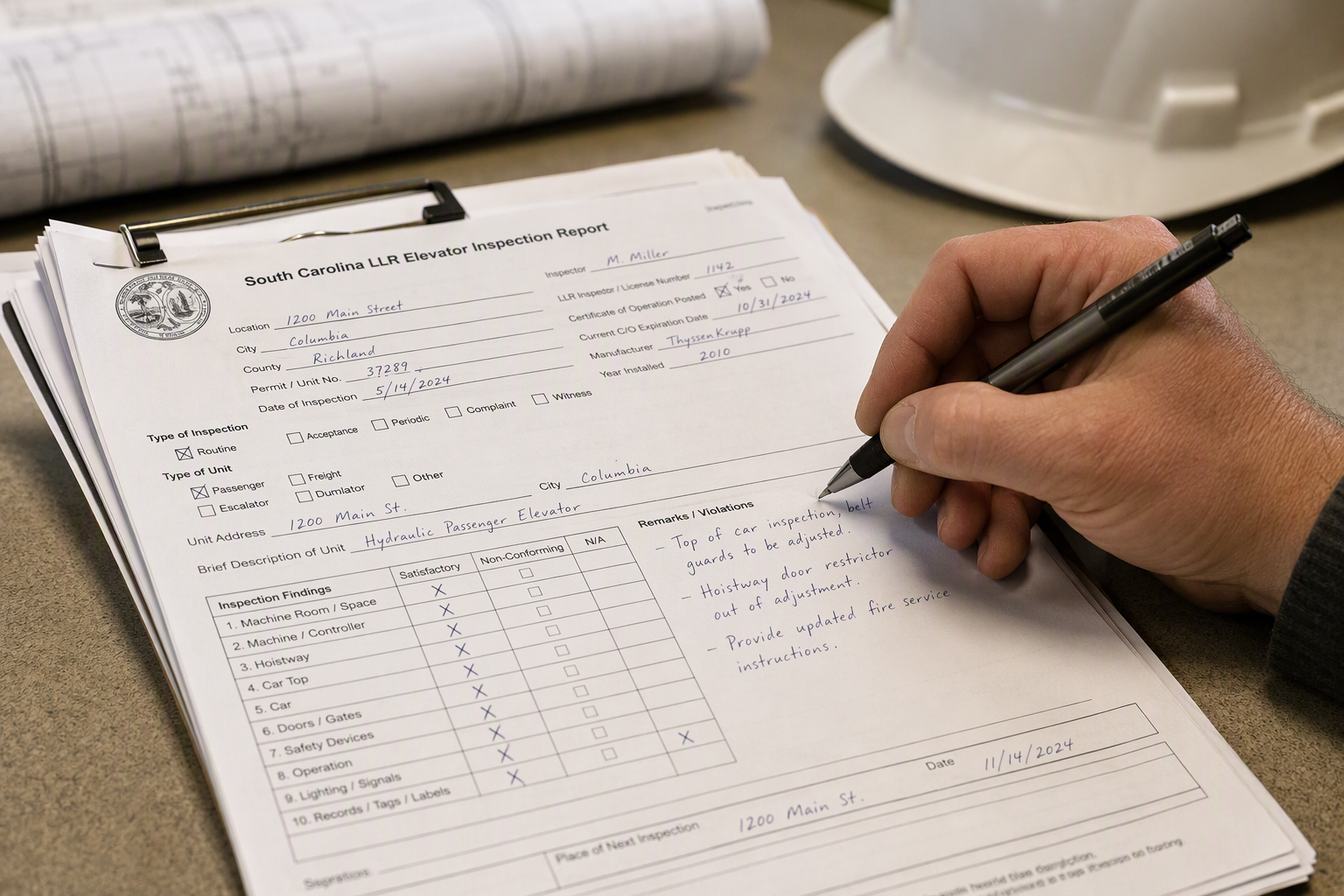South Carolina LLR elevator inspection report with handwritten violation notes being reviewed by a licensed inspector, establishing regulatory authority over elevator shutdowns