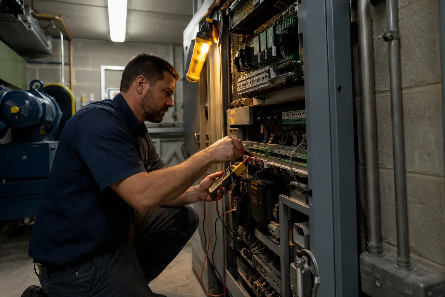 Elevator technician using a diagnostic multimeter inside a commercial machine room controller cabinet during repair work required after a failed South Carolina elevator inspection