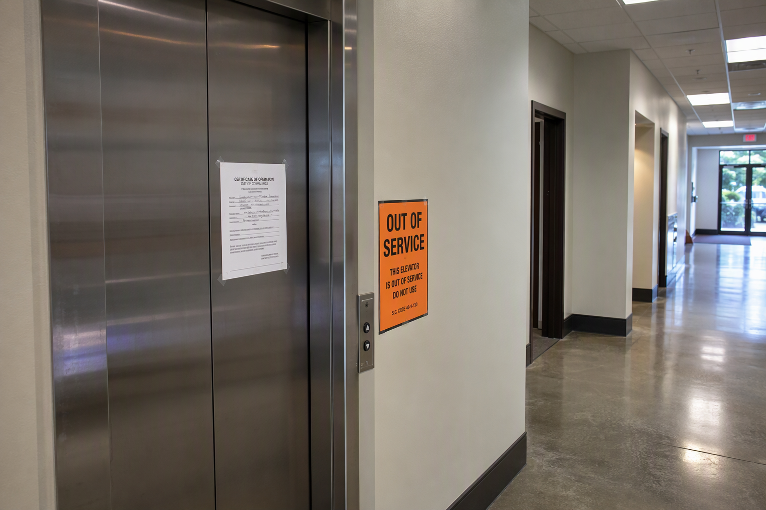 Orange out-of-service placard on a South Carolina commercial elevator call panel with a printed violation notice taped to closed stainless-steel elevator doors