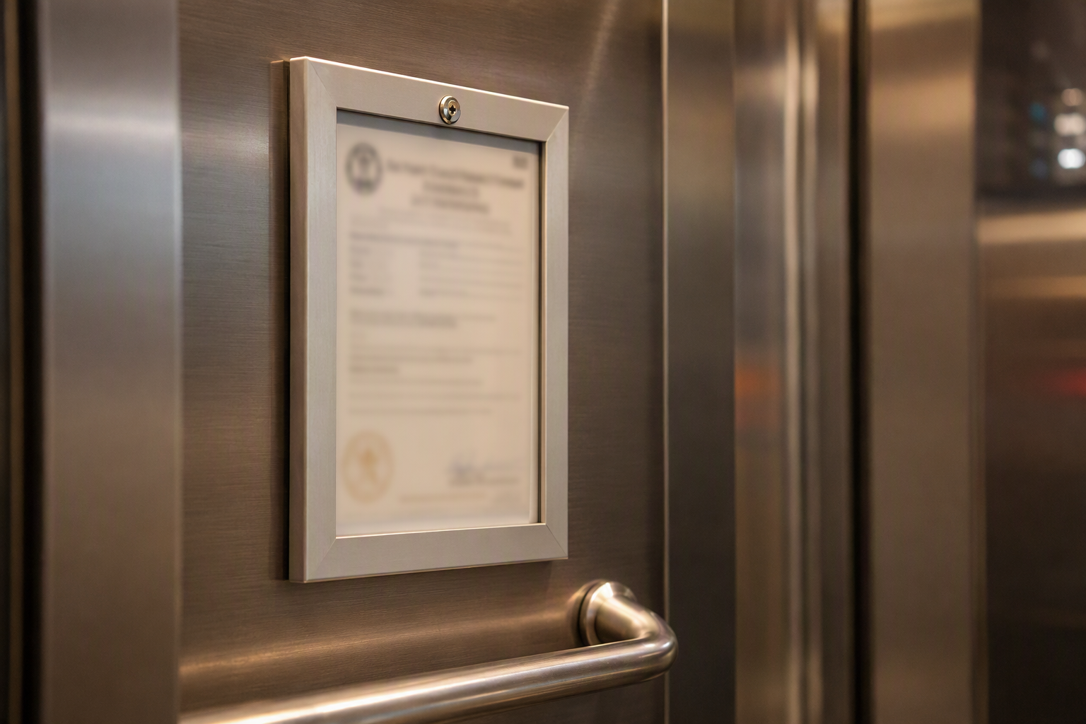 SC Elevator Certificate of Operation Posted in Cab South Carolina elevator certificate of operation posted inside a Columbia SC commercial elevator cab, required for legal operation under SC LLR rules.