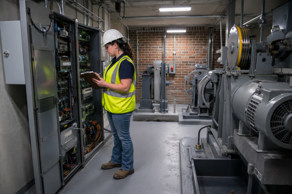 State elevator inspector reviewing documentation in a Columbia SC elevator machine room during a South Carolina elevator inspection, 2024.