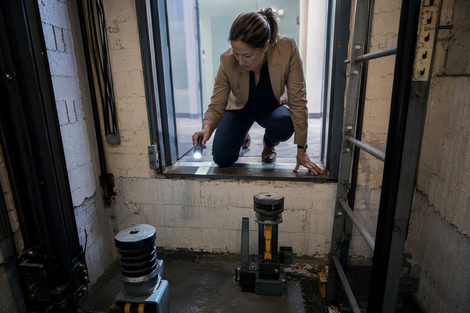 Pre-Inspection Elevator Pit Check by Columbia SC Property Manager Property manager inspecting elevator pit conditions in Columbia SC to prepare for a South Carolina LLR elevator inspection — checking lighting, stop switch, and cleanliness.