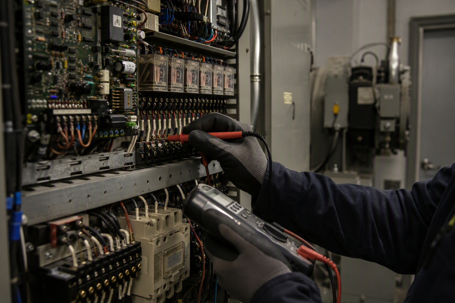 Elevator technician testing apartment building machine room controller panel during ASME A17.1 compliance inspection in Columbia SC