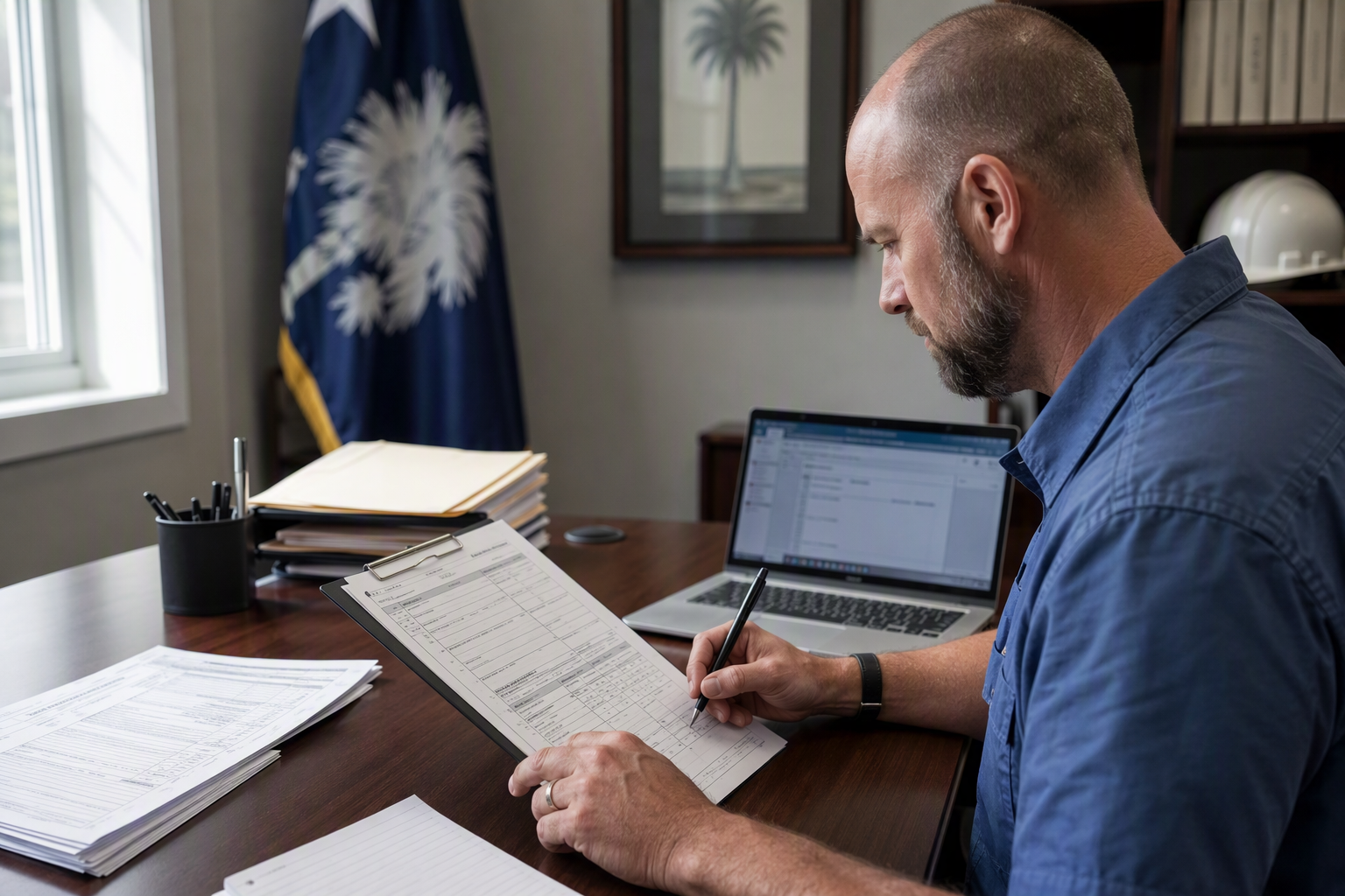 Qualified Elevator Inspector reviewing SC LLR inspection report paperwork and online permitting portal for South Carolina elevator compliance