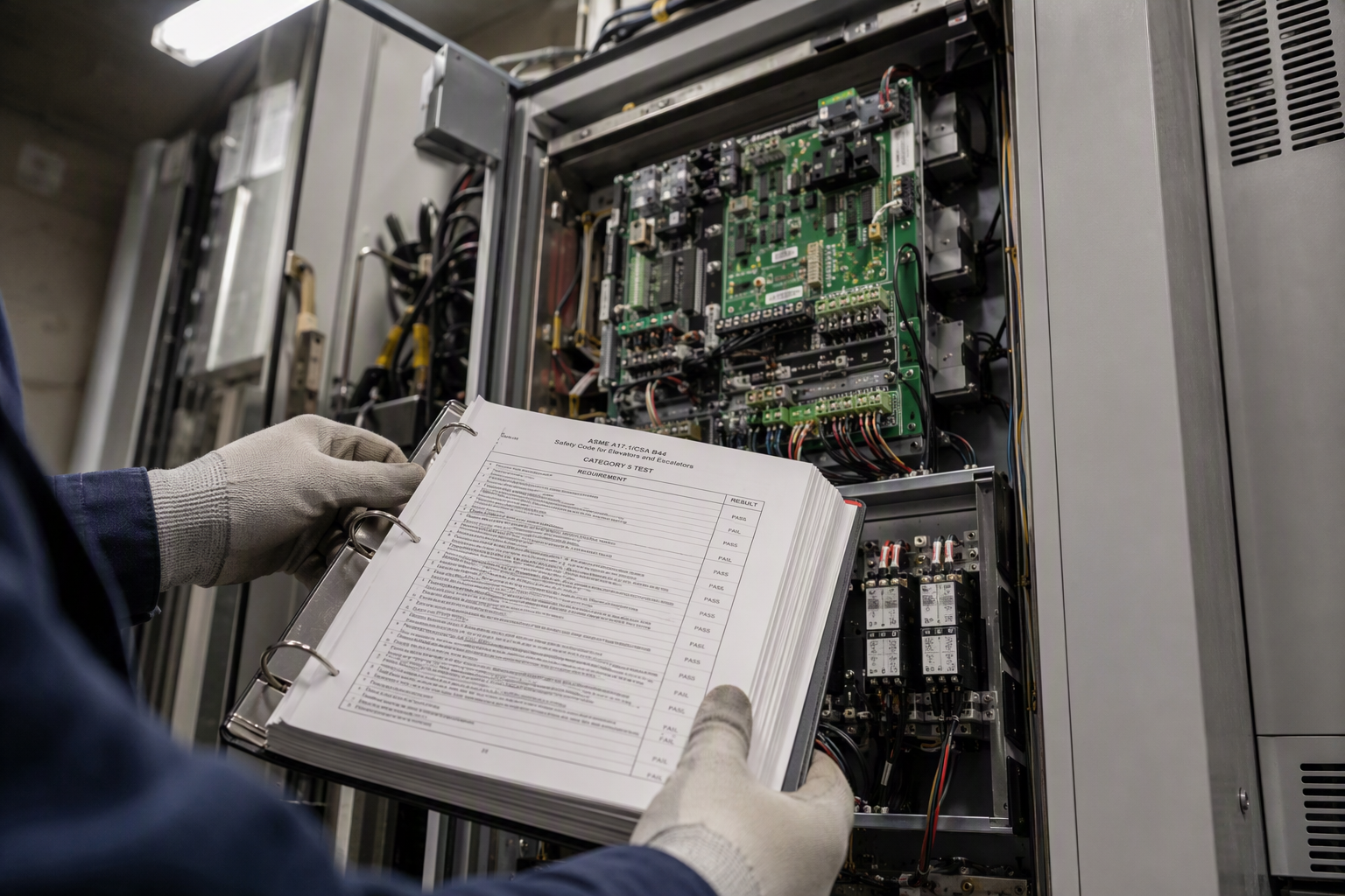 Elevator technician referencing ASME A17.1 code standards beside a traction elevator controller in a South Carolina commercial machine room