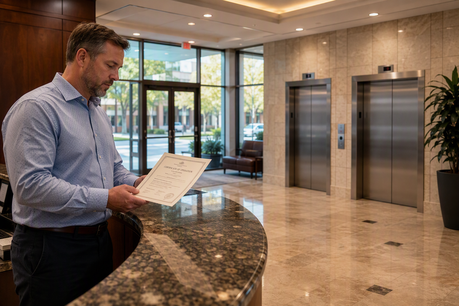 Property manager in a Columbia SC office building lobby reviewing elevator Certificate of Operation documents near a stainless-steel elevator bank