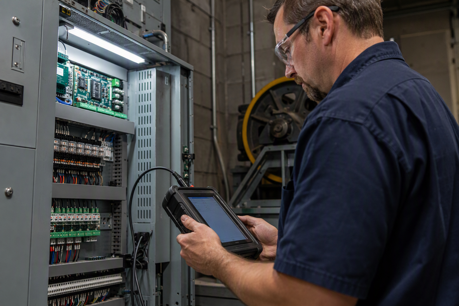 Licensed elevator technician diagnosing a controller fault in a Columbia SC machine room during an out-of-service repair call