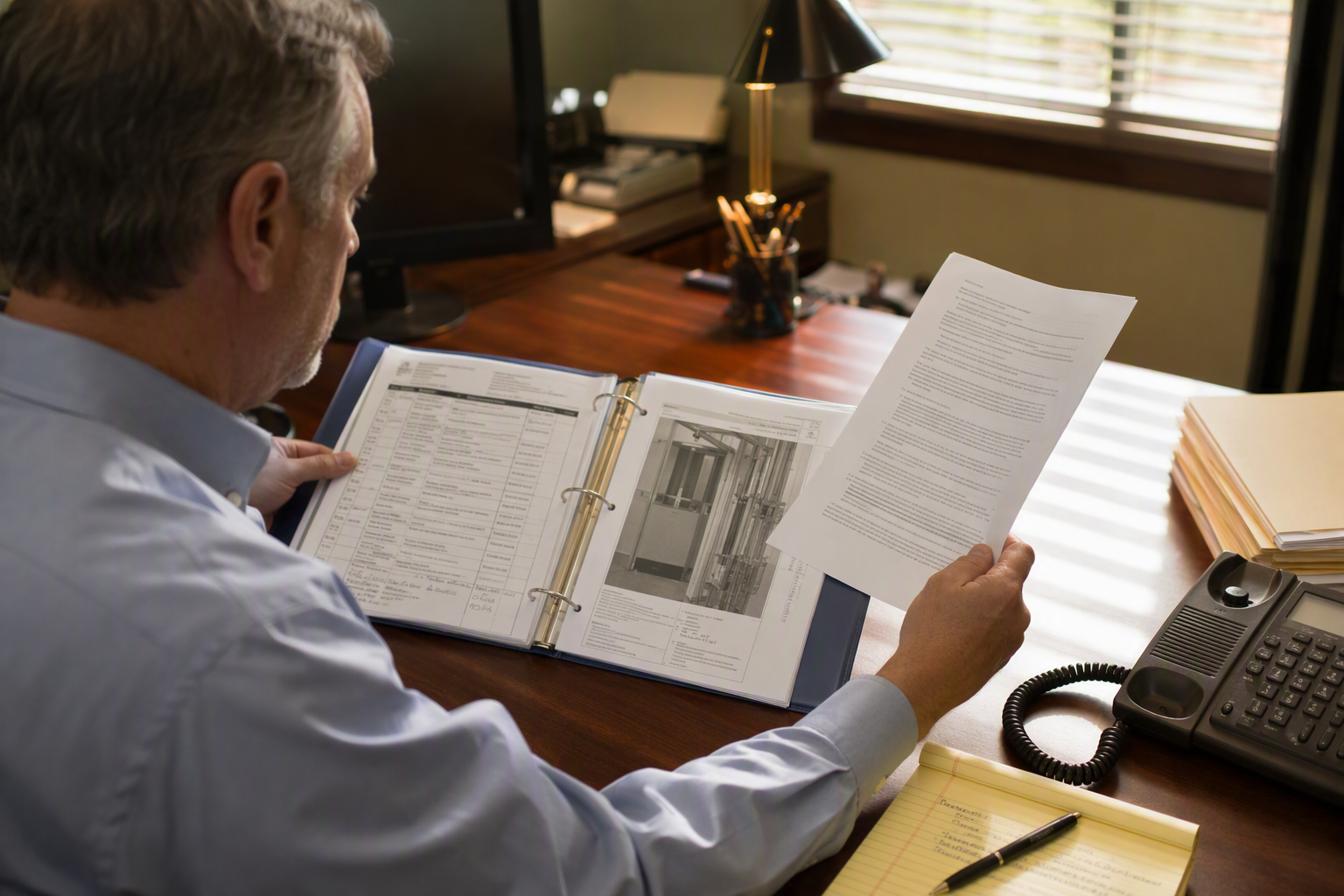 Building manager in Columbia SC reviewing elevator maintenance contract and service records after elevator outage to check reporting obligations and emergency response coverage