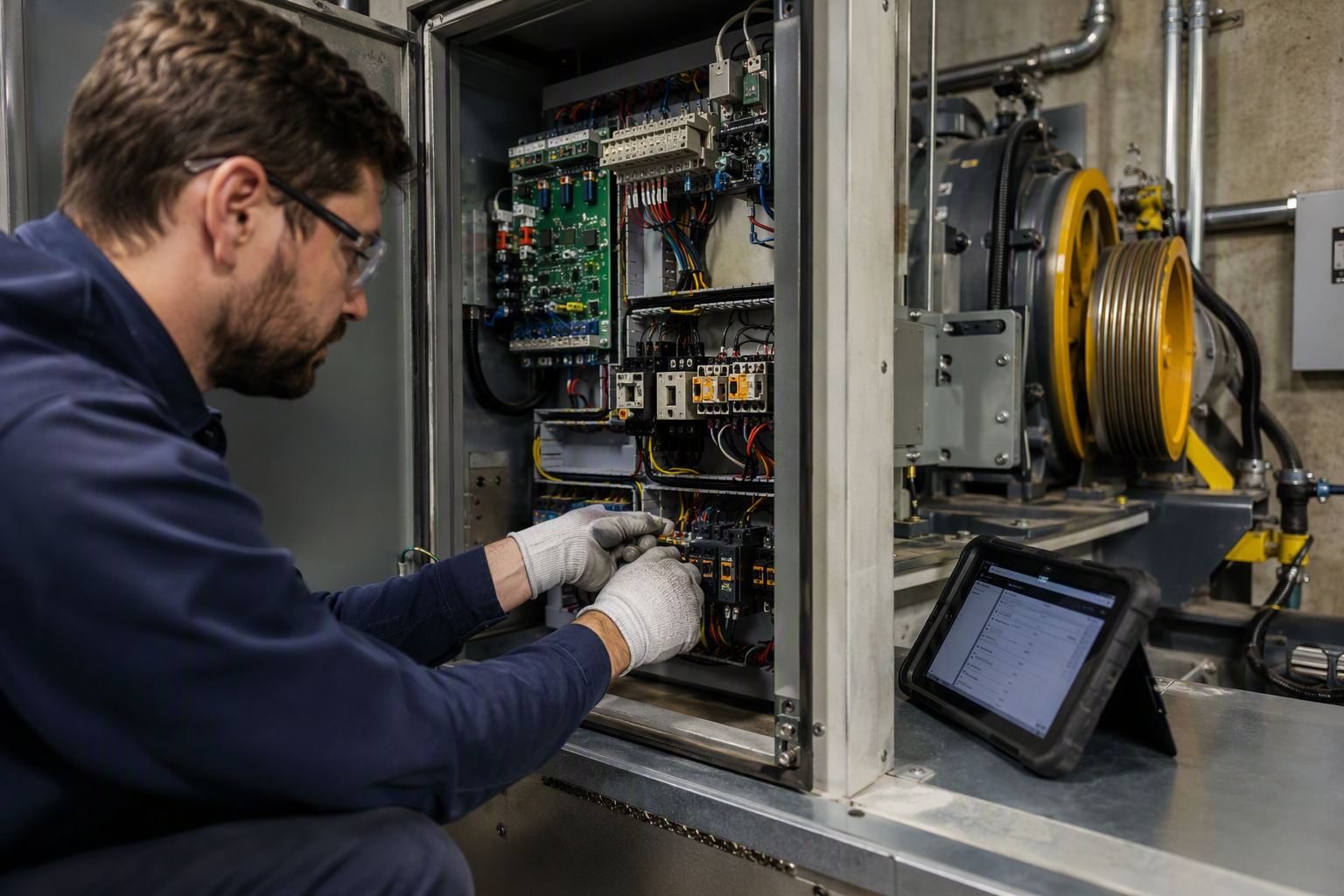 Elevator mechanic inspecting a controller cabinet during an emergency elevator malfunction repair in a Columbia SC building machine room